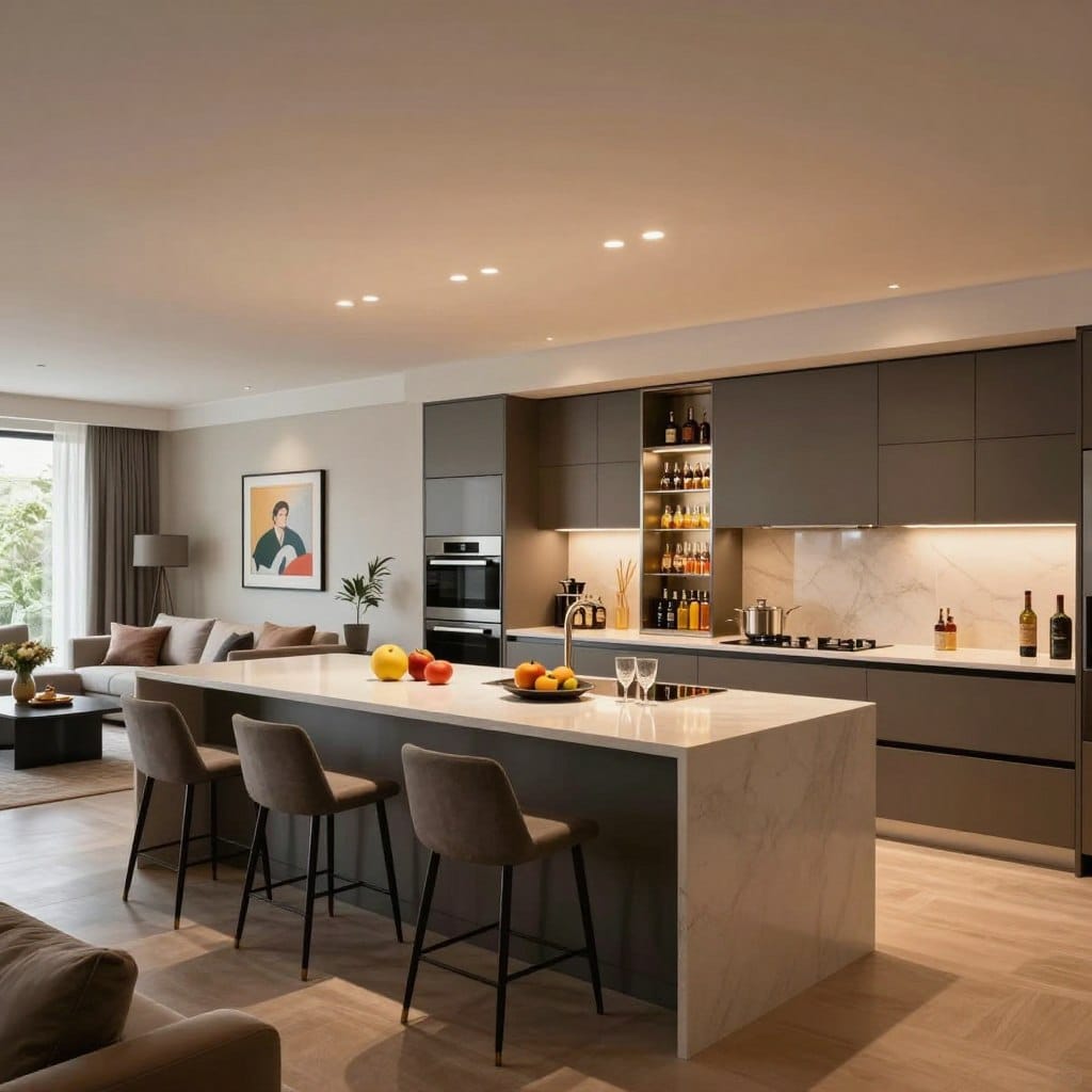 A spacious open-plan living room and kitchen designed for entertaining, featuring a large central island with stools. The kitchen incorporates sleek integrated appliances, including a built-in refrigerator and oven, and a stylish beverage center stocked with drinks. In the foreground, the island showcases a contemporary countertop with decorative fruit and glasses. The middle ground reveals elegant cabinetry and subtle lighting that creates a warm ambiance. The background includes tasteful decor, such as framed art and potted plants, against a backdrop of large windows allowing natural light to flood the space. The atmosphere is inviting and sophisticated, perfect for hosting gatherings. The image should convey a sense of modern luxury, with a slightly elevated angle and soft, diffused lighting to highlight the textures and colors in the design.