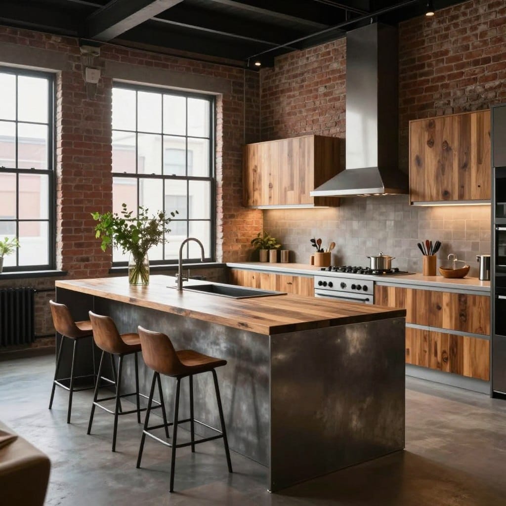 A spacious urban loft kitchen featuring an industrial-style island at the center, made of polished metal and reclaimed wood. The foreground showcases the island with elegant bar stools, adorned with fresh greenery. In the middle ground, the kitchen layout reveals sleek cabinetry and modern appliances, complemented by warm wood accents. The backdrop consists of exposed brick walls, highlighting the industrial aesthetic, with large factory-style windows allowing natural light to flood the space. Soft, ambient lighting enhances the cozy atmosphere, creating a contrast with the raw materials. The perspective is slightly elevated, capturing the entire kitchen area with a focus on the inviting functionality of the island. The mood is modern and stylish, embodying the essence of open space living.