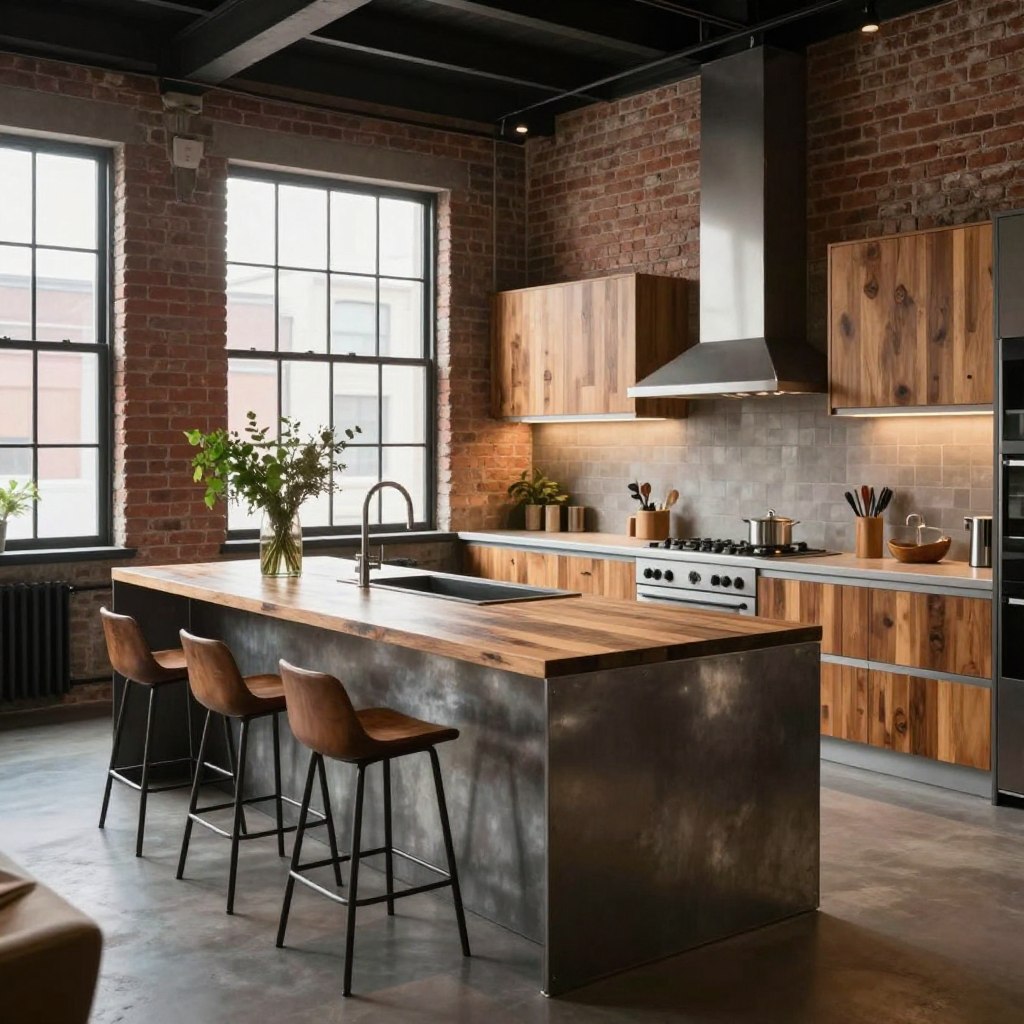 A spacious urban loft kitchen featuring an industrial-style island at the center, made of polished metal and reclaimed wood. The foreground showcases the island with elegant bar stools, adorned with fresh greenery. In the middle ground, the kitchen layout reveals sleek cabinetry and modern appliances, complemented by warm wood accents. The backdrop consists of exposed brick walls, highlighting the industrial aesthetic, with large factory-style windows allowing natural light to flood the space. Soft, ambient lighting enhances the cozy atmosphere, creating a contrast with the raw materials. The perspective is slightly elevated, capturing the entire kitchen area with a focus on the inviting functionality of the island. The mood is modern and stylish, embodying the essence of open space living.