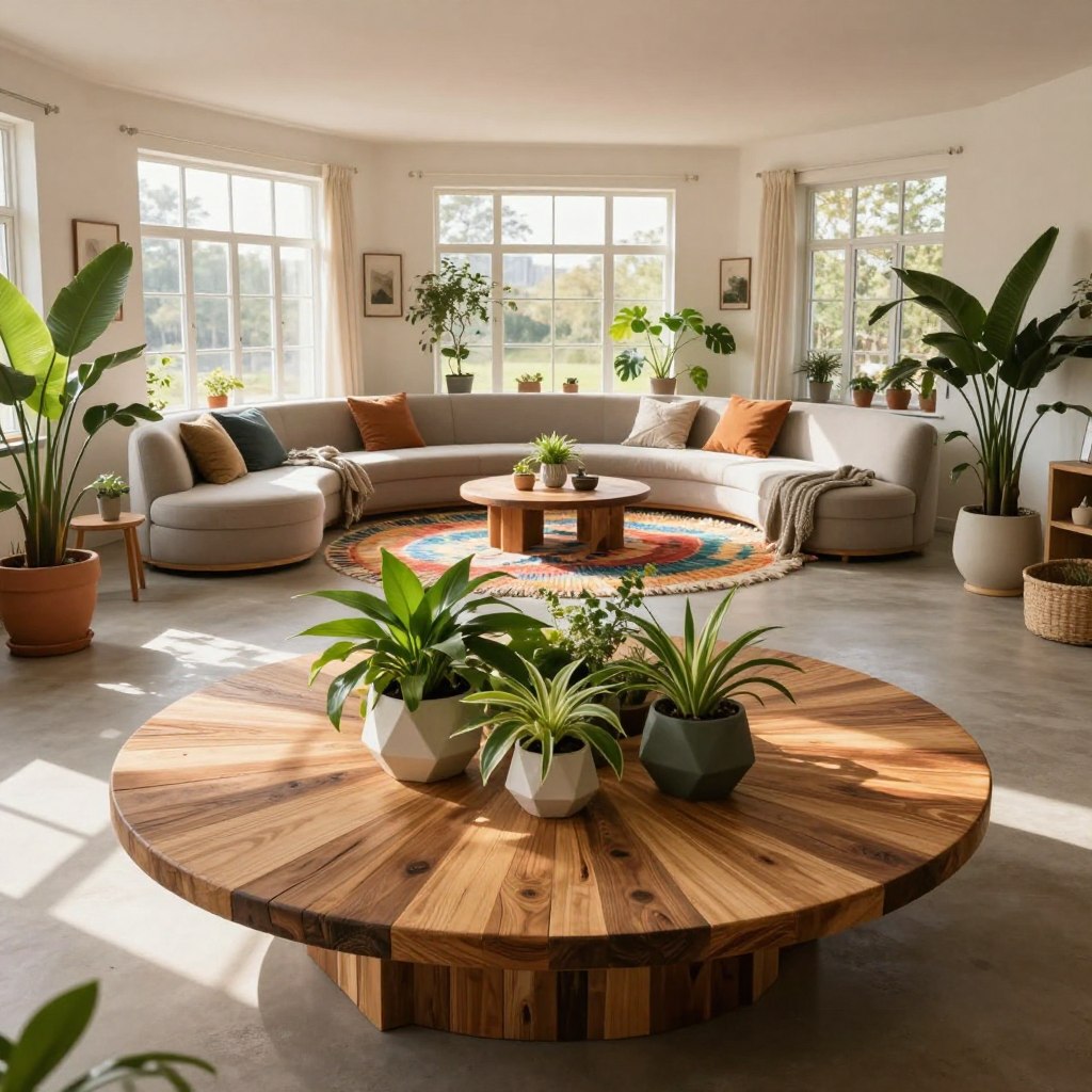 A striking circular design showcasing sustainable home decor elements. In the foreground, a beautifully crafted circular table made from reclaimed wood, adorned with lush green plants in geometric pots. In the middle ground, a cozy living area featuring eco-friendly furniture, such as a circular sofa and a vibrant, recycled textile rug. The background reveals large windows with natural light streaming in, illuminating the space with a warm, inviting glow. Use a wide-angle lens to capture the openness of the room, with soft shadows cast by the sunlight. The overall atmosphere is serene and harmonious, symbolizing the balance between nature and modern living, emphasizing sustainability and circular design concepts.