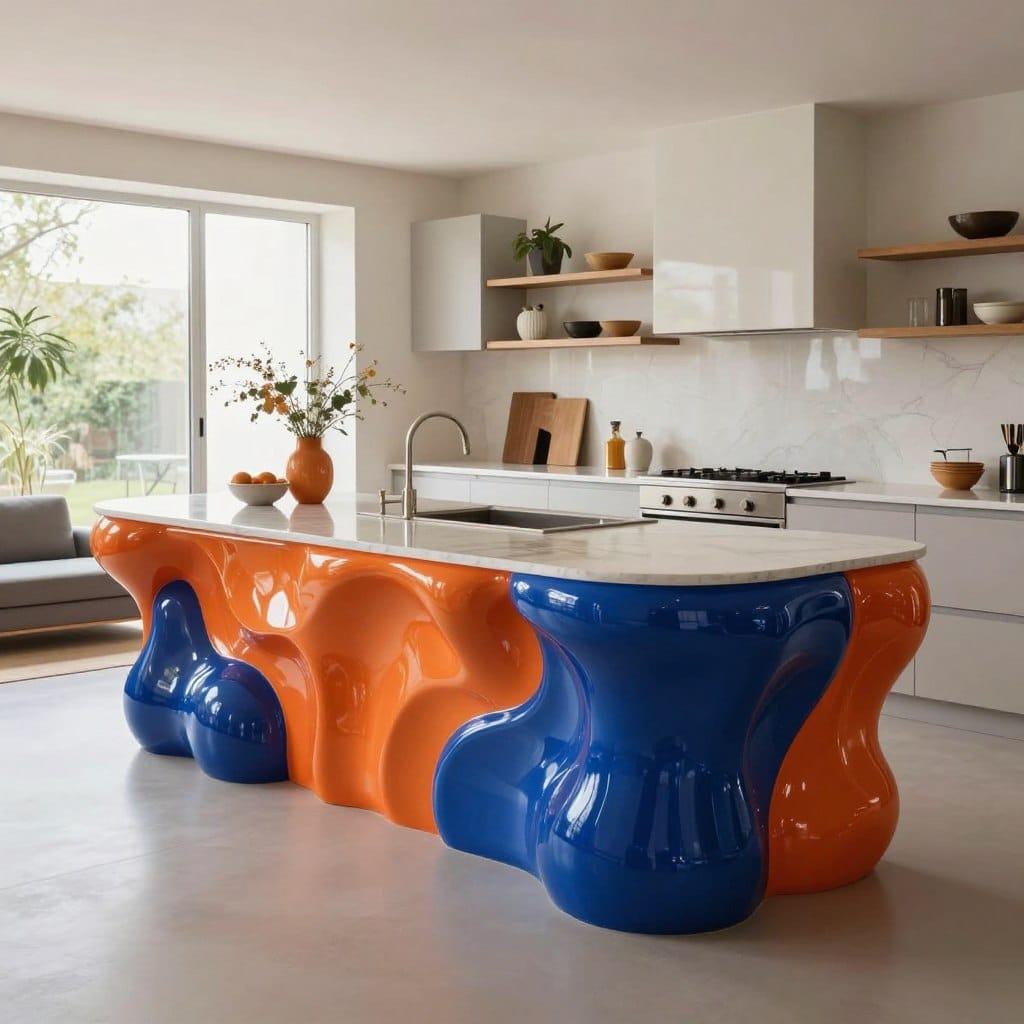 A striking kitchen island designed as a bold artistic centerpiece, featuring a sculptural form with vibrant colors like deep blue and warm orange. In the foreground, the island showcases intricate detailing and a glossy finish, reflecting light beautifully. The middle ground reveals a spacious, contemporary kitchen with open shelving and modern appliances, all bathed in soft, natural light from large windows. The background displays a minimalist living space that effortlessly connects to the kitchen, featuring elegant decor and subtle greenery. The overall mood is lively yet sophisticated, evoking creativity and inspiration, captured from a slightly elevated angle to emphasize the island’s architectural beauty. The scene is well-lit with a focus on encouraging a vibrant atmosphere, making the kitchen a true artistic statement.