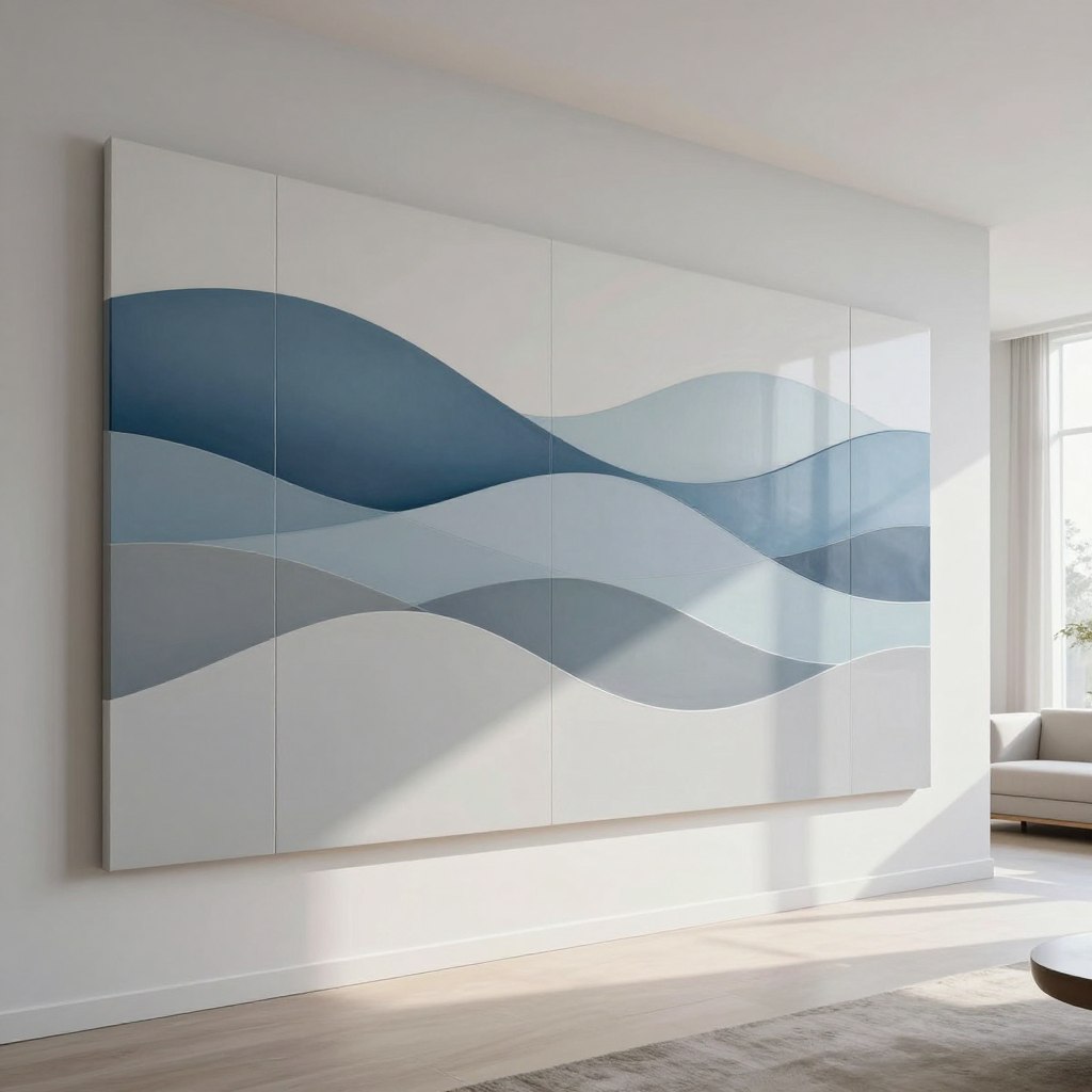 A stunning 3D wall art display showcasing geometric wave patterns, emphasizing modern minimalist design. In the foreground, intricately layered wall tiles with smooth curves create a sense of depth, reflecting light in soft, subtle gradients. The middle section features a series of uplifting colors, such as soothing blues and gentle grays, harmonizing to convey a serene atmosphere. The background reveals a softly lit living room, accented by natural light filtering through large windows, casting delicate shadows that enhance the wall art's texture. A wide-angle view captures the entire installation, inviting a sense of openness and elegance, while maintaining a clean, uncluttered look that epitomizes contemporary living spaces. The overall mood is tranquil and inspiring, perfect for a modern home aesthetic.