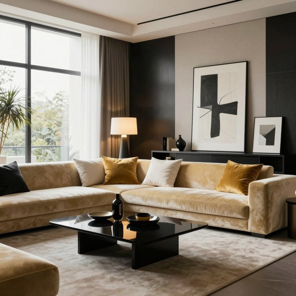 A stunning Modern Art Deco minimalist living room, featuring sleek geometric furniture in soft gold and black tones. The foreground showcases a lavish velvet sofa adorned with plush white and gold cushions, alongside a glossy black coffee table holding a few elegant decorative objects. The middle ground reveals a sleek, minimalist bookshelf with curated art pieces and a striking abstract painting with bold lines. A large window in the background floods the room with natural light, accentuating the rich textures of the space. Mid-century modern lighting fixtures cast a warm glow, creating a sophisticated atmosphere. The overall mood is one of luxurious tranquility, perfect for a glamorous yet understated living environment.