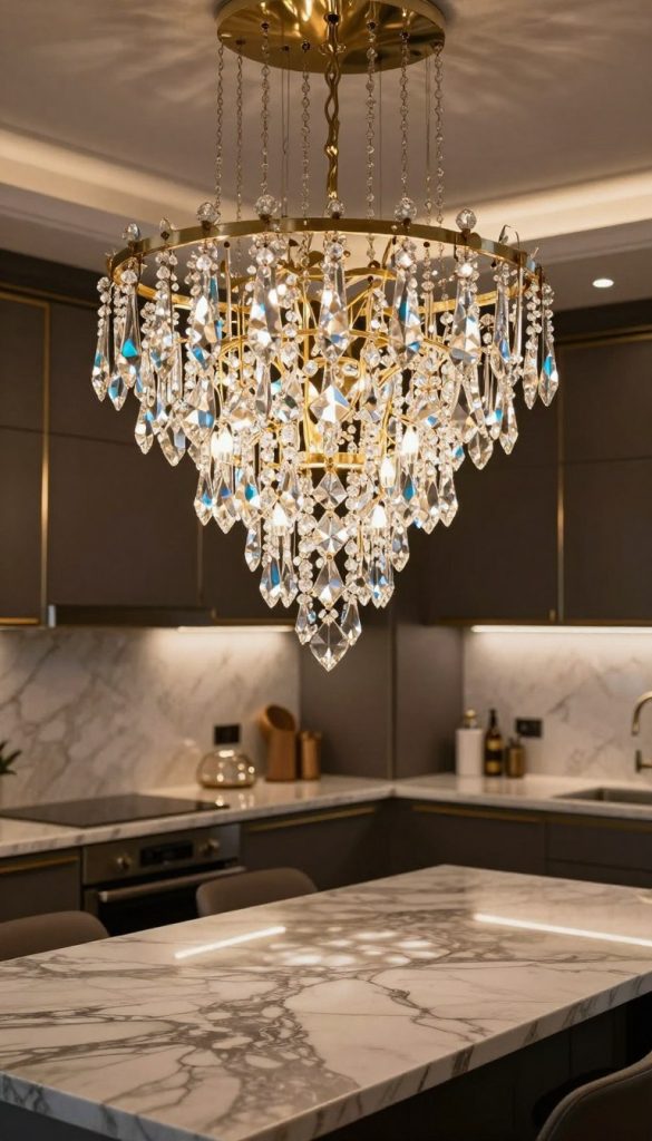 A stunning array of luxurious crystal chandelier pendants hanging gracefully above a modern kitchen island, showcasing timeless elegance. The foreground features intricately designed crystal pendants, their facets reflecting soft, warm light. In the middle, a sleek kitchen island is adorned with rich marble countertops and high-end finishes, perfectly complementing the glamorous lighting. The background presents a beautifully styled kitchen with dark cabinetry and subtle gold accents, enhancing the upscale atmosphere. Illuminate the scene with soft, ambient lighting that highlights the sparkle of the crystals. Capture the image from a slightly elevated angle to emphasize the cascading light and rich textures, creating an inviting and opulent mood.