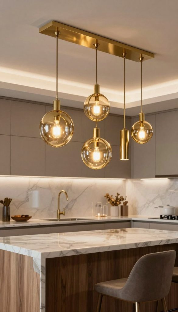 A stunning array of luxurious pendant light designs showcasing brass and gold elements, elegantly suspended above a modern kitchen island. In the foreground, highlight several opulent pendant lights, featuring intricate metalwork and warm, glowing bulbs that emit soft illumination. The middle ground reveals a stylish kitchen island with a marble surface and rich wood accents, reflecting the light beautifully. The background includes minimalistic cabinetry and subtle decorative elements, creating a sophisticated atmosphere. Soft, ambient lighting fills the scene, emphasizing the shiny textures of the brass and gold. Capture the essence of luxury and elegance with a focus on craftsmanship and design, without any people present in the image. Use a wide-angle lens for an immersive view.