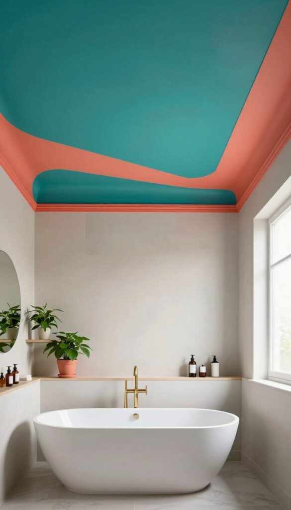 A stunning bathroom interior featuring a ceiling painted in bold, vibrant colors like deep teal and bright coral. The foreground showcases elegant fixtures such as a modern, white freestanding bathtub and stylish, minimalist shelves adorned with potted plants. In the middle ground, the strikingly painted ceiling draws the eye with its crisp lines and dynamic palette, contrasted against sleek, light-colored walls. Soft, natural light filters through a frosted window, casting gentle shadows and highlighting the rich textures of the painted surface. The background is a serene scene with neatly arranged bathroom accessories, enhancing the overall atmosphere of relaxation and creativity. This composition captures the transformative power of bold paint colors in bathroom design, evoking a fresh and invigorating mood. A stunning bathroom interior featuring a ceiling painted in bold, vibrant colors like deep teal and bright coral. The foreground showcases elegant fixtures such as a modern, white freestanding bathtub and stylish, minimalist shelves adorned with potted plants. In the middle ground, the strikingly painted ceiling draws the eye with its crisp lines and dynamic palette, contrasted against sleek, light-colored walls. Soft, natural light filters through a frosted window, casting gentle shadows and highlighting the rich textures of the painted surface. The background is a serene scene with neatly arranged bathroom accessories, enhancing the overall atmosphere of relaxation and creativity. This composition captures the transformative power of bold paint colors in bathroom design, evoking a fresh and invigorating mood.