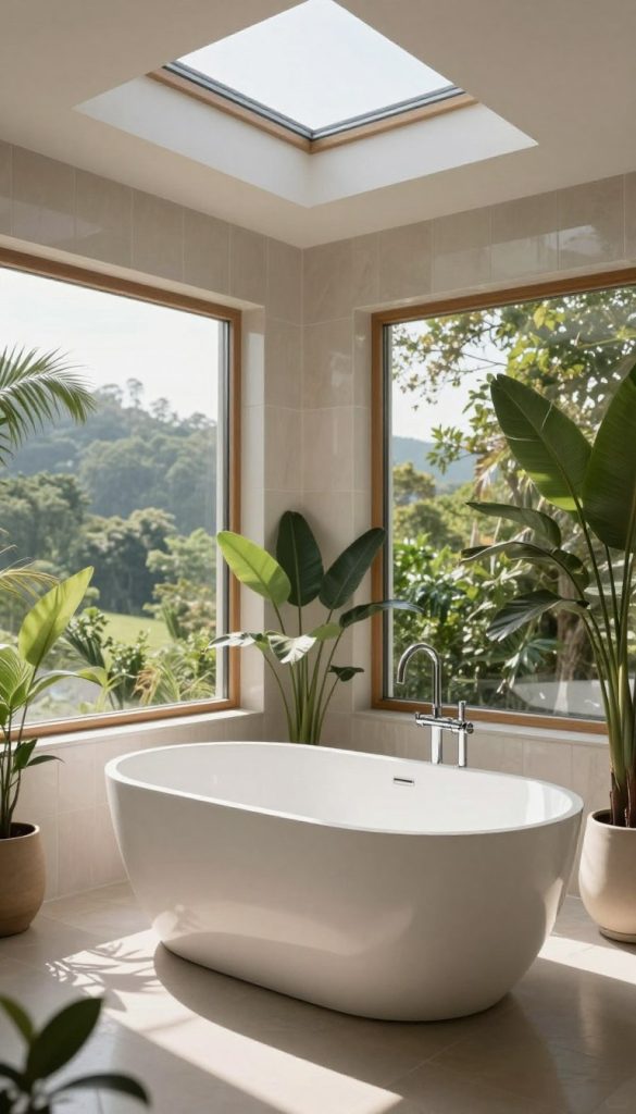 A stunning bathroom scene featuring innovative bathtub styles positioned near multiple large windows, showcasing expansive views of serene nature outside. The centerpiece is a modern freestanding bathtub with sleek curves, surrounded by elegant plants for a touch of greenery. In the background, large windows allow natural light to flood the room, and a skylight above enhances the ambiance. The walls are adorned with soft, neutral tones and elegant tiles that reflect the light. The atmosphere is tranquil, evoking a sense of relaxation and harmony with nature. Soft shadows are cast by the sunlight, creating a warm and inviting environment. The angle highlights both the bathtub and the breathtaking views outside, emphasizing the connection between indoor luxury and the beauty of the outdoors.