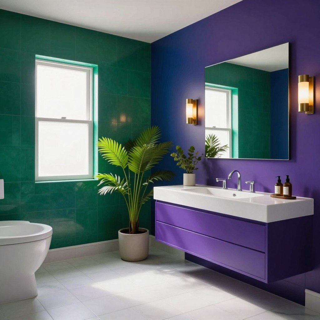 A stunning bathroom showcasing vibrant jewel tone walls in rich emerald green, deep sapphire blue, and luxurious amethyst purple. The foreground features elegant white tiles contrasting beautifully against the bold colors, creating a striking visual harmony. A modern vanity with sleek fixtures and minimalist decor adds sophistication. In the middle ground, lush greenery in simple pots offers a refreshing touch, while golden accents in the lighting fixtures create a warm, inviting atmosphere. The background displays a large mirror reflecting the colorful walls and natural light streaming through a frosted window, enhancing the space's brightness and vibrancy. Capture this scene with soft, diffused lighting for a serene yet dramatic mood, using a wide-angle lens to emphasize the depth and richness of the colors.