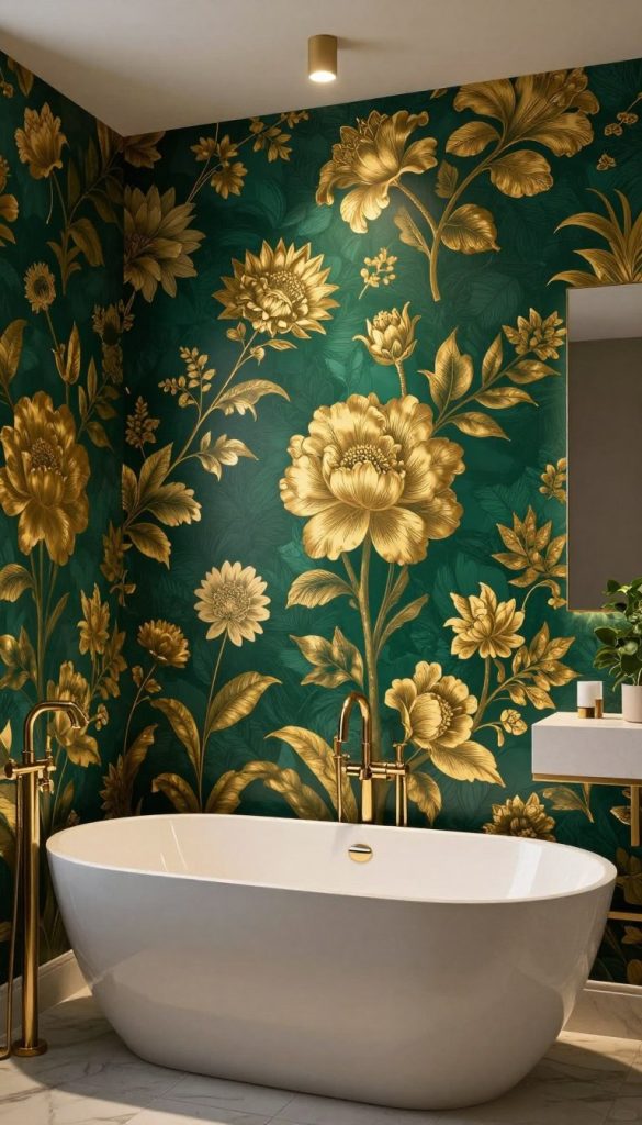 A stunning bathroom with a dramatic accent wall featuring bold, intricate wallpaper depicting a vibrant floral pattern in deep emerald and gold hues. The foreground shows a sleek freestanding bathtub with elegant gold fixtures, reflecting the luxurious atmosphere. In the middle, the wallpaper cascades down the wall, capturing attention with its rich textures and artistic details. Soft, ambient lighting illuminates the space from a contemporary ceiling fixture, creating a warm and inviting glow. The background reveals hints of modern decor, like minimalist shelving and potted plants, enhancing the room's sophistication. The overall mood is one of elegance and boldness, perfect for a statement bathroom that stands out.