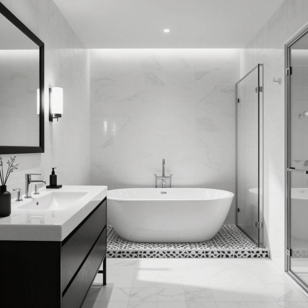 A stunning black and white bathroom featuring elegant monochrome tiles that create a sophisticated and timeless look. The foreground showcases sleek, modern fixtures including a minimalist vanity with a polished sink and a stylish mirror framed in black. In the middle ground, a luxurious freestanding tub sits invitingly on a patterned tile base, surrounded by soft, ambient lighting that casts gentle shadows. The background reveals a chic glass shower enclosure, enhancing the contemporary aesthetic. The overall atmosphere is serene and polished, conveying a sense of peaceful elegance. Capture this scene from an eye-level angle, emphasizing the harmonious design elements and the interplay of light and shadow. The image should be bright, inviting, and reflect a sophisticated monochromatic theme without any text or watermarks.