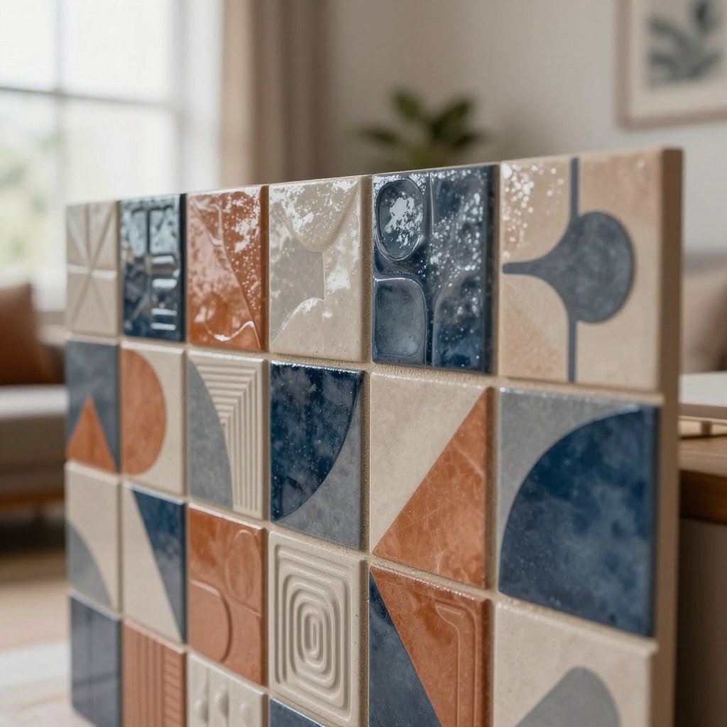 A stunning close-up of 3D textured wall tiles showcasing an abstract sculptural design, perfect for a bold statement wall. The foreground features a variety of geometric shapes and intricate patterns in a harmonious blend of matte and glossy finishes, with earthy tones of terracotta, deep blues, and soft grays. In the middle ground, the tiles are arranged in a visually striking manner, with light reflecting subtly on their surfaces to emphasize depth and texture. The background is softly blurred, creating a warm atmosphere reminiscent of a cozy living room. Soft, diffused natural light filters in from a nearby window, highlighting the dimensional aspects of the tiles. The overall mood is modern and artistic, inviting viewers to imagine the tiles in a stylish, contemporary home setting.