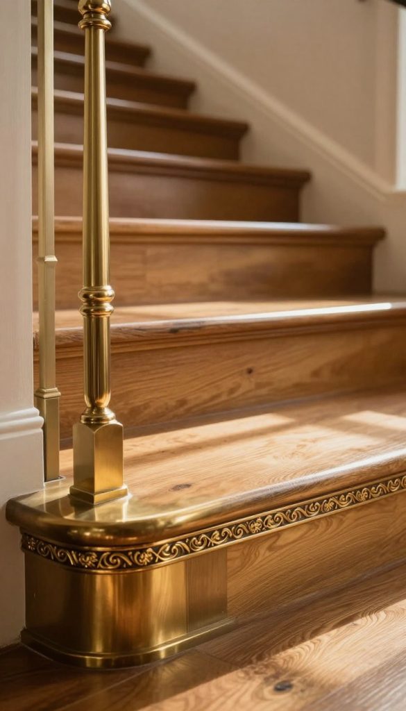 A stunning close-up of an exclusive stair riser design featuring elegant brushed brass and gold leaf accents. The foreground showcases intricate patterns etched into the riser, highlighting the luxurious materials. The middle ground focuses on the staircase's polished wooden steps that elegantly contrast with the metallic risers, reflecting warm natural light. The background fades softly, suggesting a sophisticated entryway with soft shadows, enhancing the luxurious atmosphere. The lighting is warm and inviting, suggesting late afternoon sunlight streaming in, creating a sense of opulence and comfort. The composition is captured from a low angle to emphasize depth and grandeur, allowing the viewer to appreciate the exquisite detailing of the stair riser design in full splendor.