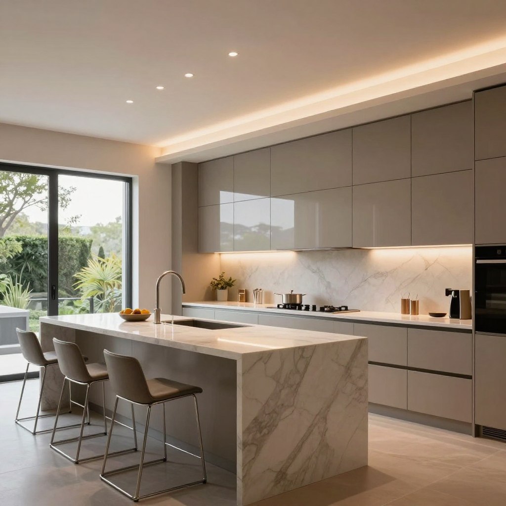 A stunning designer open kitchen that showcases high-impact aesthetics. In the foreground, an elegant kitchen island with a smooth marble countertop and stylish bar stools made of sleek metal. The middle layer features modern cabinetry with a glossy finish, incorporating curved lines for a sophisticated look. Soft, ambient lighting illuminates the space, creating a warm and inviting atmosphere. In the background, large windows allow natural light to flood in, highlighting the greenery outside and contrasting beautifully with the minimalist decor. The scene is captured with a wide-angle lens to emphasize the spaciousness of the kitchen, conveying a sense of luxury and modern design. The mood is serene and upscale, perfect for a contemporary home setting.