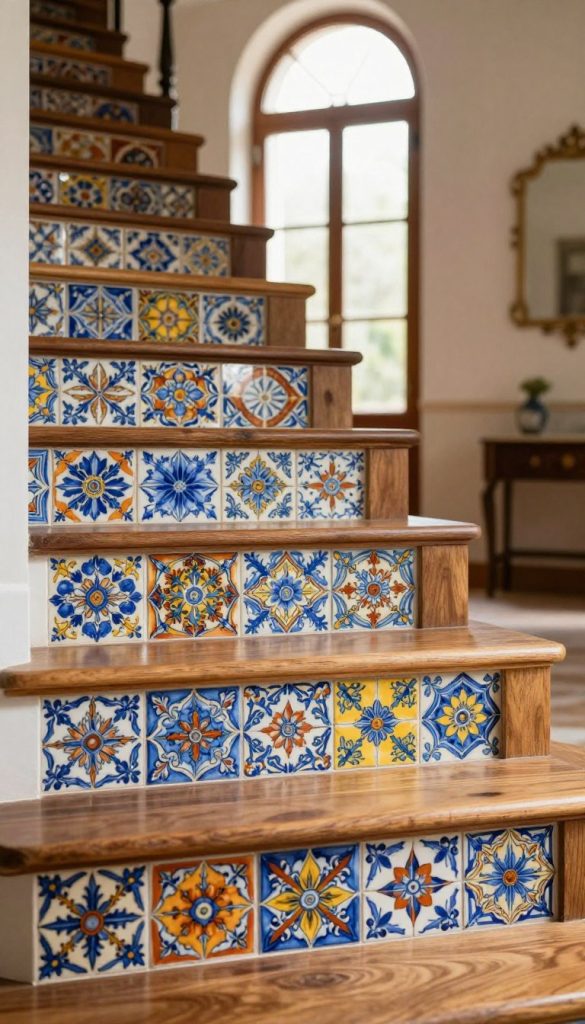 A stunning, elegant stair riser panel featuring hand-painted Mediterranean porcelain tiles. The foreground showcases intricately designed tiles with vibrant colors of cobalt blue, warm terracotta, and rich yellow, adorned with intricate floral and geometric patterns. In the middle, the porcelain tiles is set against a luxurious, smooth wooden stair tread, highlighting the contrast between the textures. The background features a softly lit entryway with natural light filtering through an arched window, casting gentle shadows and creating an inviting atmosphere. The overall mood is one of sophistication and warmth, embodying a classic Mediterranean aesthetic. The scene captures a close-up view to emphasize the exquisite detail in the tiles and their artisan craftsmanship.