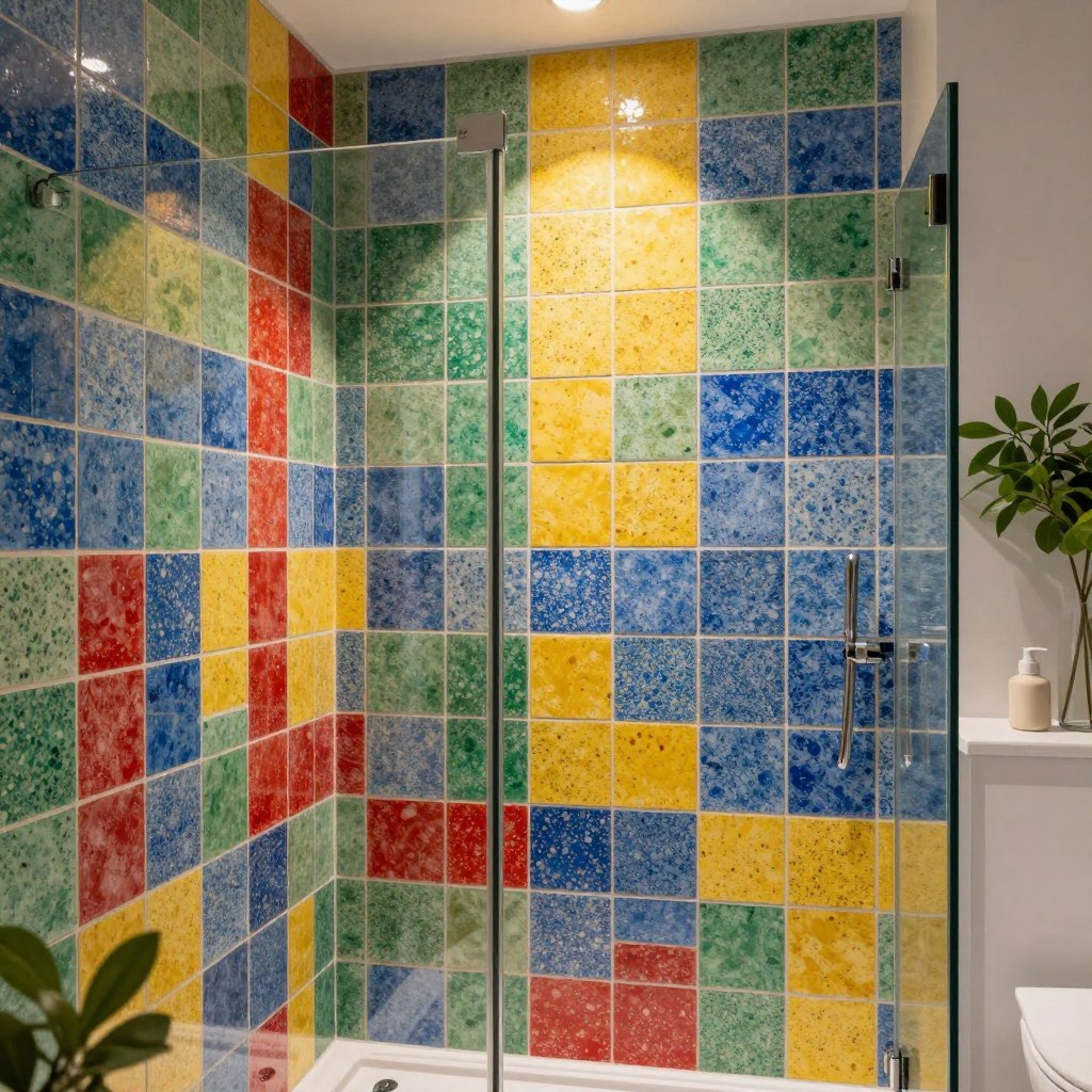 A stunning feature wall in a modern bathroom shower, showcasing an array of colorful speckled tiles in vibrant hues of blue, green, yellow, and red. The foreground focuses on the intricate patterns of the tiles, emphasizing their glossy finish and unique speckles. The middle ground features a sleek glass shower panel, reflecting the vivid colors of the tiles as soft ambient lighting casts a warm glow, enhancing the visual richness. In the background, subtle hints of lush green plants and minimalistic bathroom accessories create a serene and inviting atmosphere. The composition is captured with a wide-angle lens to emphasize the expansiveness of the tiled wall, conveying a feeling of creativity and elegance, ideal for a statement piece in any modern bathroom design.