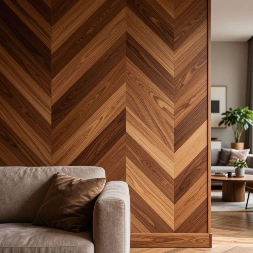 A stunning interior scene featuring a bold chevron wood wall paneling that showcases rich, warm tones of oak and walnut. In the foreground, a stylish, modern sofa with plush cushions complements the geometric patterns of the wood. In the middle, the striking chevron design creates a dynamic visual effect, with varying blocks of wood arranged at sharp angles, emphasizing depth and movement. The background is softly blurred, suggesting a cozy living room atmosphere with tasteful décor elements like potted plants and minimalist art. The lighting is warm and inviting, casting soft shadows that enhance the texture of the wood. The overall mood is elegant and contemporary, perfect for a statement living space.