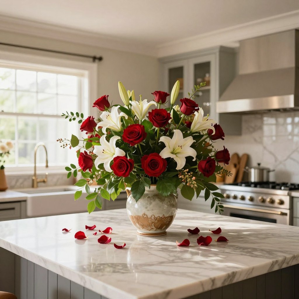 A stunning kitchen island centerpiece featuring a grand floral arrangement, overflowing with vibrant blossoms in rich colors like deep red roses, soft white lilies, and lush green foliage. The arrangement is artistically presented in an elegant ceramic vase, placed on a polished marble kitchen island. In the foreground, delicate petals spill gracefully around the vase, adding a touch of natural beauty. The middle ground shows the kitchen's sleek cabinetry and high-end appliances, enhancing the luxurious feel. Soft, warm natural light floods the scene through large windows, creating a welcoming atmosphere. A wide-angle lens captures the entire setting, emphasizing the harmony between nature and contemporary design, inviting viewers to imagine the elegance it brings to the home. A stunning kitchen island centerpiece featuring a grand floral arrangement, overflowing with vibrant blossoms in rich colors like deep red roses, soft white lilies, and lush green foliage. The arrangement is artistically presented in an elegant ceramic vase, placed on a polished marble kitchen island. In the foreground, delicate petals spill gracefully around the vase, adding a touch of natural beauty. The middle ground shows the kitchen's sleek cabinetry and high-end appliances, enhancing the luxurious feel. Soft, warm natural light floods the scene through large windows, creating a welcoming atmosphere. A wide-angle lens captures the entire setting, emphasizing the harmony between nature and contemporary design, inviting viewers to imagine the elegance it brings to the home.