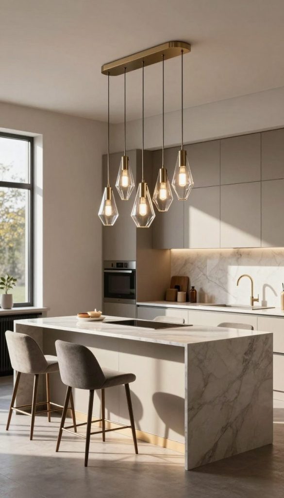 A stunning kitchen space featuring modern geometric pendant lighting over a sleek kitchen island. In the foreground, showcase a cluster of unique pendant lights with clean lines and a contemporary design, crafted from brushed metal and clear glass. The middle ground includes a minimalist kitchen island with a marble countertop, surrounded by stylish bar stools. The lighting creates a warm and inviting ambiance, casting intricate shadows. In the background, soft hues of cabinetry and subtle decor elements complement the overall aesthetic. Capture this scene from a slightly elevated angle, with natural sunlight streaming in through a nearby window, enhancing the vivid details and textures in the space. Emphasize a sophisticated and luxurious atmosphere throughout the composition.