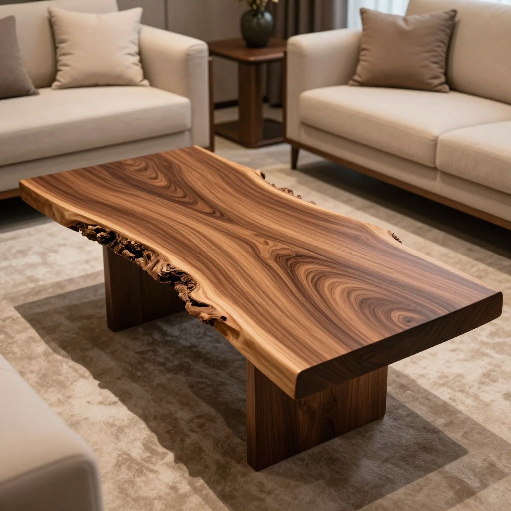 A stunning live edge walnut slab coffee table, showcasing the natural contours and rich grain patterns of the walnut wood. The table is positioned centrally, displaying its unique live edge detail, with smooth, polished surfaces that highlight the depth of the wood's color. Soft, warm lighting casts gentle shadows, creating an inviting atmosphere. In the background, a plush, elegantly furnished living room features neutral tones with tasteful decor, emphasizing luxury and comfort. The lens captures the table from a slightly elevated angle, enhancing the visual appeal of its organic shape. The mood is sophisticated yet cozy, ideal for a luxury living space.