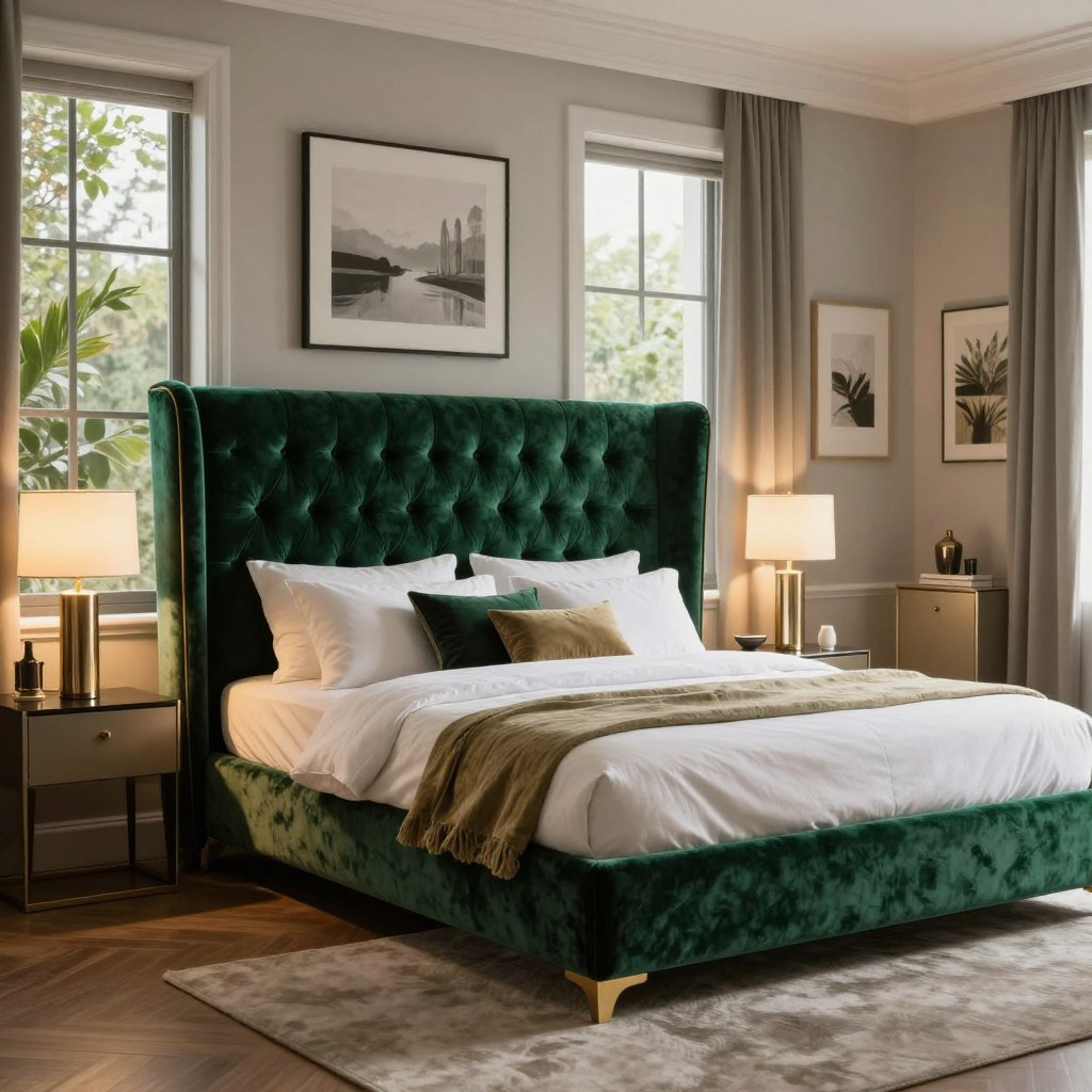 A stunning luxurious upholstered bed design takes center stage in an elegantly styled master bedroom. The bed features a high, tufted headboard in rich velvet, showcasing deep emerald green and gold accents. Crisp white linens and plush, layered pillows add to the opulent feel. Flanking the bed, stylish bedside tables hold sleek, modern lamps casting a warm, inviting glow. In the background, the room's large windows allow soft, natural light to filter in, illuminating the exquisite details of the decor, including tastefully arranged artwork and lush greenery. The atmosphere exudes tranquility and sophistication, with a color palette that balances rich textures and soft hues, creating a perfect sanctuary for relaxation and indulgence. A stunning luxurious upholstered bed design takes center stage in an elegantly styled master bedroom. The bed features a high, tufted headboard in rich velvet, showcasing deep emerald green and gold accents. Crisp white linens and plush, layered pillows add to the opulent feel. Flanking the bed, stylish bedside tables hold sleek, modern lamps casting a warm, inviting glow. In the background, the room's large windows allow soft, natural light to filter in, illuminating the exquisite details of the decor, including tastefully arranged artwork and lush greenery. The atmosphere exudes tranquility and sophistication, with a color palette that balances rich textures and soft hues, creating a perfect sanctuary for relaxation and indulgence.