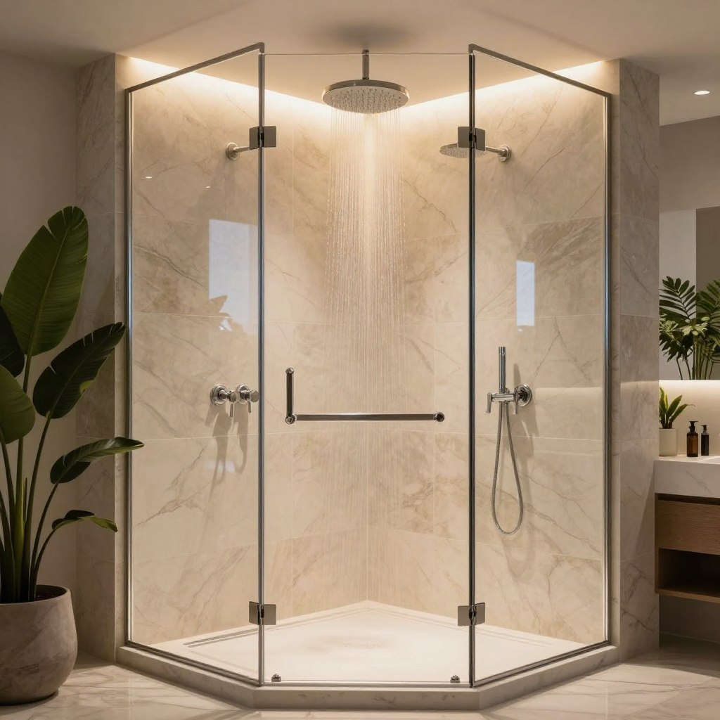 A stunning, luxurious walk-in shower enclosure featuring oversized dimensions and exquisite design elements. In the foreground, sleek glass walls create a seamless transition between the shower and the rest of the bathroom. The middle layer showcases a rainfall showerhead elegantly suspended from the ceiling, surrounded by polished stone tiles with a marble finish reflecting the soft, warm lighting. The background features a minimalist aesthetic with contemporary fixtures and lush green plants for a touch of nature. The overall atmosphere is one of serenity and indulgence, evoking a spa-like experience. Capture the richness in textures and play of light, creating a dreamy, inviting ambiance that highlights the obsession with oversized walk-in showers.