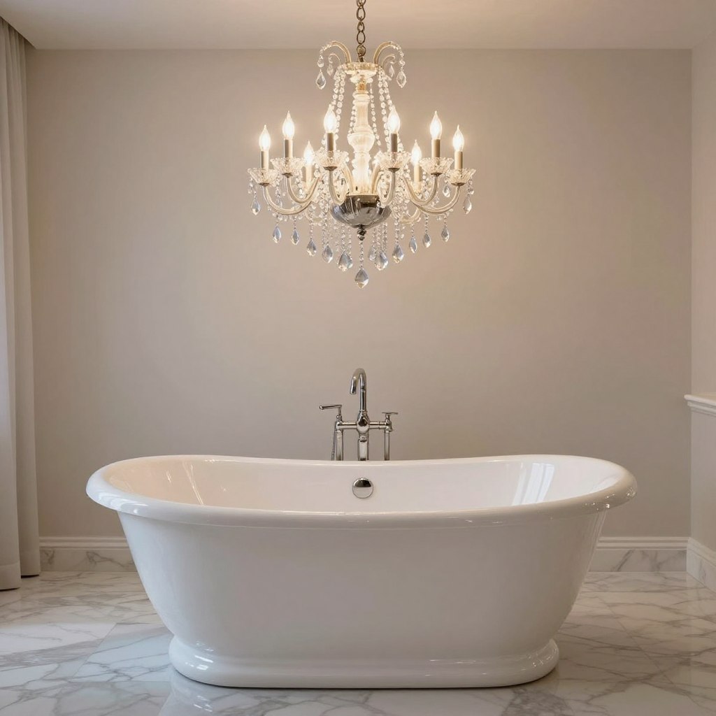 A stunning luxury chandelier, intricately designed with crystal details, suspended gracefully above a stylish freestanding bathtub. The bathtub, crafted from glossy white ceramic, reflects the opulence of its surroundings. In the foreground, the bathtub is elegantly positioned on a rich marble floor, enhancing the luxurious atmosphere. In the middle ground, the chandelier illuminates the scene with soft, warm lighting, casting gentle reflections on the surfaces below. In the background, an ambiance of light-colored walls complements the serene, spa-like environment. The scene captures a tranquil yet lavish bathroom, ideal for relaxation. The lighting is soft and inviting, creating a mood of serenity and indulgence. The composition is captured from a slightly elevated angle, showcasing both the chandelier and the bathtub harmoniously.
