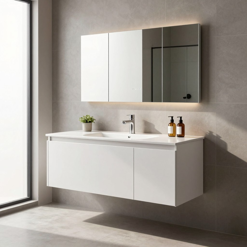 A stunning modern floating vanity centerpiece elegantly displayed in a designer bathroom. The vanity features a sleek, minimalist design with a smooth white countertop and integrated sink, supported by invisible wall mounts. The mirror above is large and frameless, enhancing the sense of space. In the foreground, soft natural light streams in through a frosted window, creating a warm, inviting atmosphere. There are subtle decorative elements such as a small potted plant and neatly arranged toiletries. The middle ground is filled with elegant ceramic tiles in muted gray tones, complementing the vanity's color palette. In the background, a clean and simple shower area with glass doors provides a contemporary touch. The image is captured from a slight low angle, emphasizing the vanity’s modernity and sophistication.