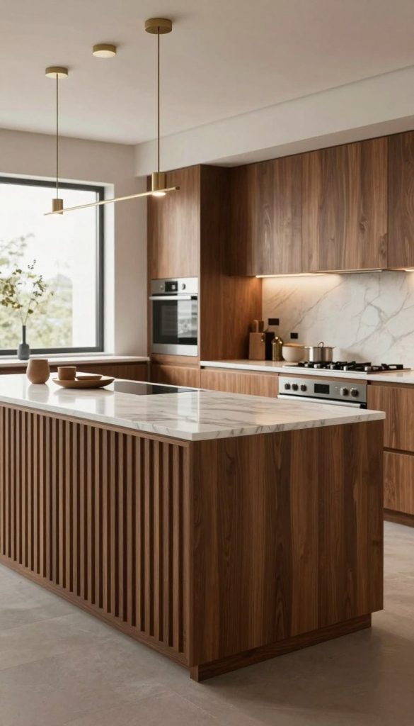 A stunning modern kitchen showcasing a classic vertical fluted panel island, designed with timeless elegance. The island features rich wood tones and smooth marble countertops, casting soft reflections. The foreground reveals intricate fluting details, while the kitchen's sleek cabinetry creates a seamless integration. In the middle, the spacious island is adorned with tasteful high-end appliances and minimalist decor, enhancing the luxurious feel. Ambient lighting illuminates the scene, highlighting the textures and warm color palette. In the background, modern pendant lights hang gracefully above, adding sophistication, and a large window fills the space with natural light, creating a serene yet chic atmosphere. The overall mood exudes refinement and contemporary style, perfect for a luxury kitchen.