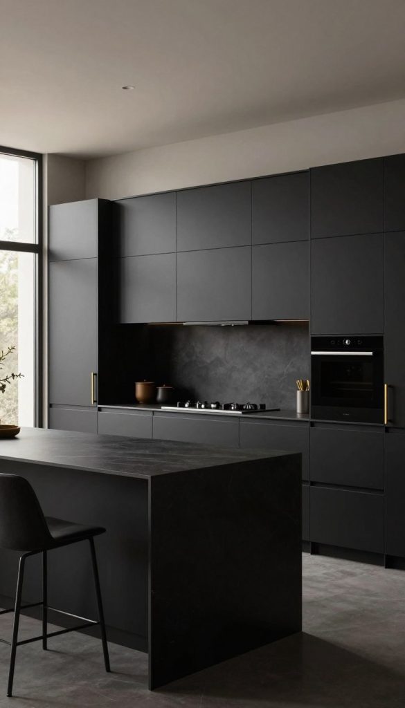 A stunning monochromatic matte kitchen design, showcasing deep black cabinetry with a smooth matte finish, accented by rich charcoal countertops and subtle gold hardware. The foreground features a sleek kitchen island with minimalist lines, complemented by elegant bar stools. In the middle ground, an innovative stove and custom built-ins enhance the sophisticated aesthetic. The background reveals a large window, allowing soft natural light to filter in, creating a warm yet luxurious atmosphere. The lighting is soft and even, emphasizing the textures of the matte surfaces. The overall mood is one of modern elegance and refined simplicity, ideal for inspiring a feeling of dark luxury.