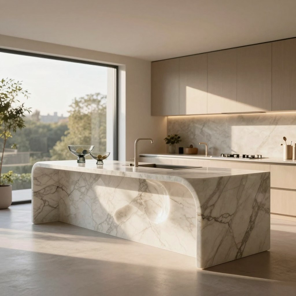 A stunning sculptural centerpiece for a modern kitchen island, featuring a gracefully curved design in polished marble, evoking elegance and sophistication. The centerpiece showcases intricate detailing with a mix of organic shapes, blending seamlessly with the island's sleek surface. In the foreground, a pair of decorative fruit bowls, crafted from glass, complement the centerpiece. The middle ground captures the kitchen environment, with warm sunlight streaming through large windows, illuminating the scene and casting soft shadows. The background includes minimalist cabinetry in soft earth tones and subtle greenery, enhancing the serene atmosphere. The image is captured with a wide-angle lens, aiming for a slightly elevated angle to accentuate the centerpiece's height and artistry, creating a luxurious and inviting mood. A stunning sculptural centerpiece for a modern kitchen island, featuring a gracefully curved design in polished marble, evoking elegance and sophistication. The centerpiece showcases intricate detailing with a mix of organic shapes, blending seamlessly with the island's sleek surface. In the foreground, a pair of decorative fruit bowls, crafted from glass, complement the centerpiece. The middle ground captures the kitchen environment, with warm sunlight streaming through large windows, illuminating the scene and casting soft shadows. The background includes minimalist cabinetry in soft earth tones and subtle greenery, enhancing the serene atmosphere. The image is captured with a wide-angle lens, aiming for a slightly elevated angle to accentuate the centerpiece's height and artistry, creating a luxurious and inviting mood.