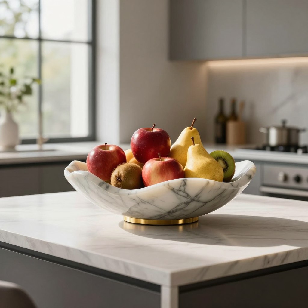 A stunning sculptural fruit bowl centerpiece, elegantly arranged on a sleek, contemporary kitchen island. The bowl is a modern art piece, featuring flowing organic shapes crafted from polished marble and accented with a touch of gold. Lush, vibrant fruits such as deep red apples, golden pears, and green kiwi fill the bowl, contrasting beautifully against the smooth surfaces. In the background, soft, diffused natural light streams in through large windows, illuminating the scene and casting gentle shadows. The kitchen's minimalist decor, with neutral tones and subtle greenery, enhances the luxurious ambiance. The composition is from a slightly elevated angle, drawing focus to the intricate details of the centerpiece while providing a glimpse of the chic kitchen environment. The overall mood is serene and sophisticated, perfect for illustrating an upscale living space. A stunning sculptural fruit bowl centerpiece, elegantly arranged on a sleek, contemporary kitchen island. The bowl is a modern art piece, featuring flowing organic shapes crafted from polished marble and accented with a touch of gold. Lush, vibrant fruits such as deep red apples, golden pears, and green kiwi fill the bowl, contrasting beautifully against the smooth surfaces. In the background, soft, diffused natural light streams in through large windows, illuminating the scene and casting gentle shadows. The kitchen's minimalist decor, with neutral tones and subtle greenery, enhances the luxurious ambiance. The composition is from a slightly elevated angle, drawing focus to the intricate details of the centerpiece while providing a glimpse of the chic kitchen environment. The overall mood is serene and sophisticated, perfect for illustrating an upscale living space.