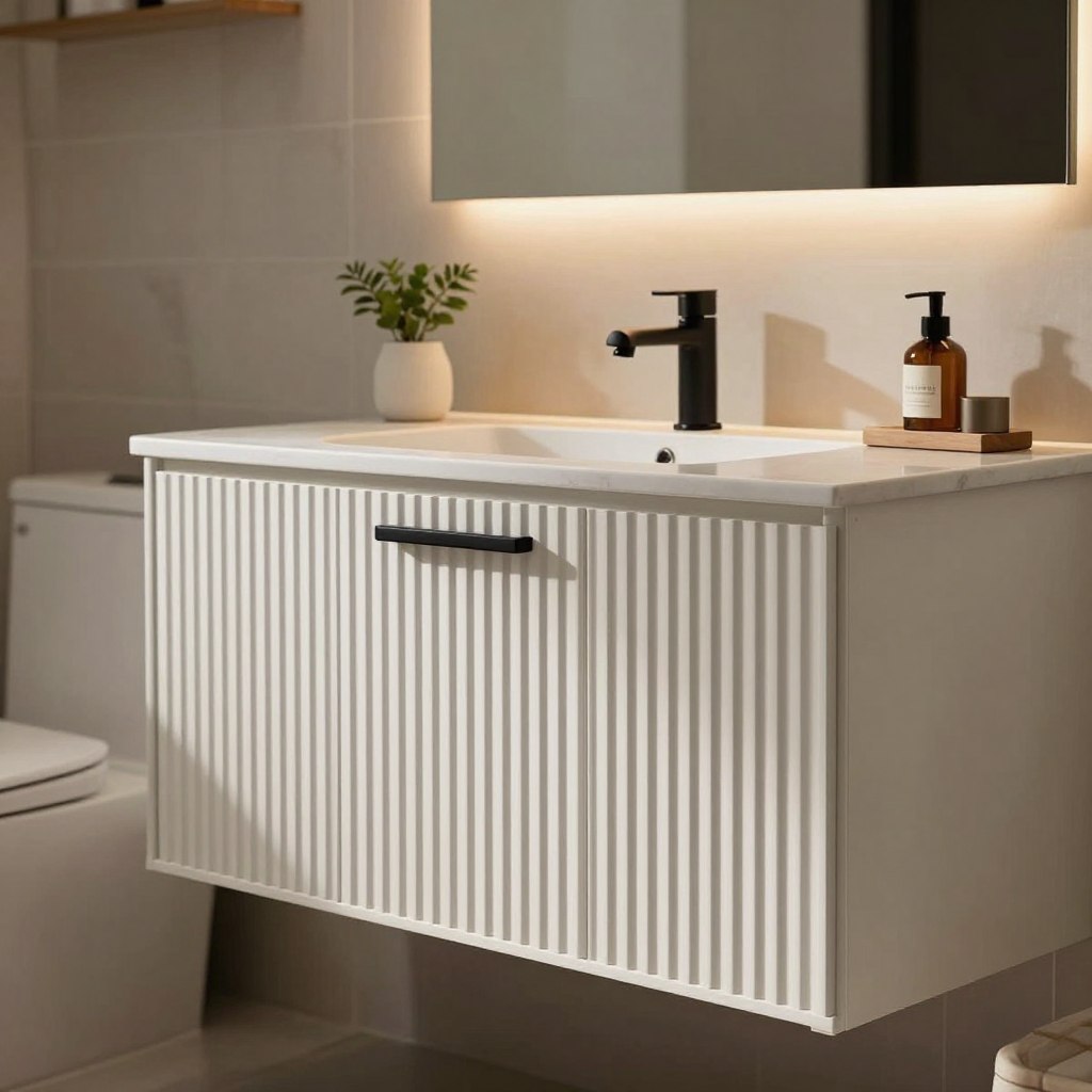 A stunning vertical ribbed vanity cabinet made of white oak with a smooth matte finish, featuring sleek black hardware. The cabinet should showcase detailed vertical ribbing, emphasizing its contemporary design. Soft, ambient lighting casts gentle shadows, creating a warm, inviting atmosphere in a beautifully styled bathroom. The cabinet is positioned prominently in the foreground, with a marble countertop adorned with minimalist decor items like a small plant and a chic soap dispenser. In the background, a softly blurred bathroom scene enhances depth, featuring muted tile patterns on the walls and a large mirror reflecting subtle light. The overall mood is modern elegance, harmonizing natural materials with sophisticated accents for a serene bathroom retreat.