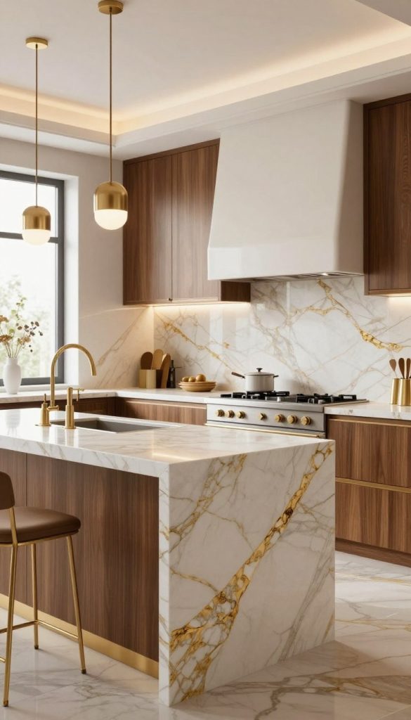 A stunning white and gold marble kitchen, featuring sleek Calacatta Gold countertops and ornate backsplash tiles. In the foreground, a large island made of polished marble showcases elegant metallic accents, with gold-toned fixtures and hardware. The kitchen cabinetry is a blend of rich wood tones and crisp white, highlighting the luxurious marble surfaces. In the background, large windows fill the space with natural light, creating a warm and inviting ambiance. Soft, ambient lighting from designer pendant lamps casts a gentle glow, enhancing the opulence of the marble. The composition is ideally framed from a slight angle, emphasizing the depth and richness of materials, while maintaining a clean and modern aesthetic that evokes a sense of timeless luxury and sophistication.