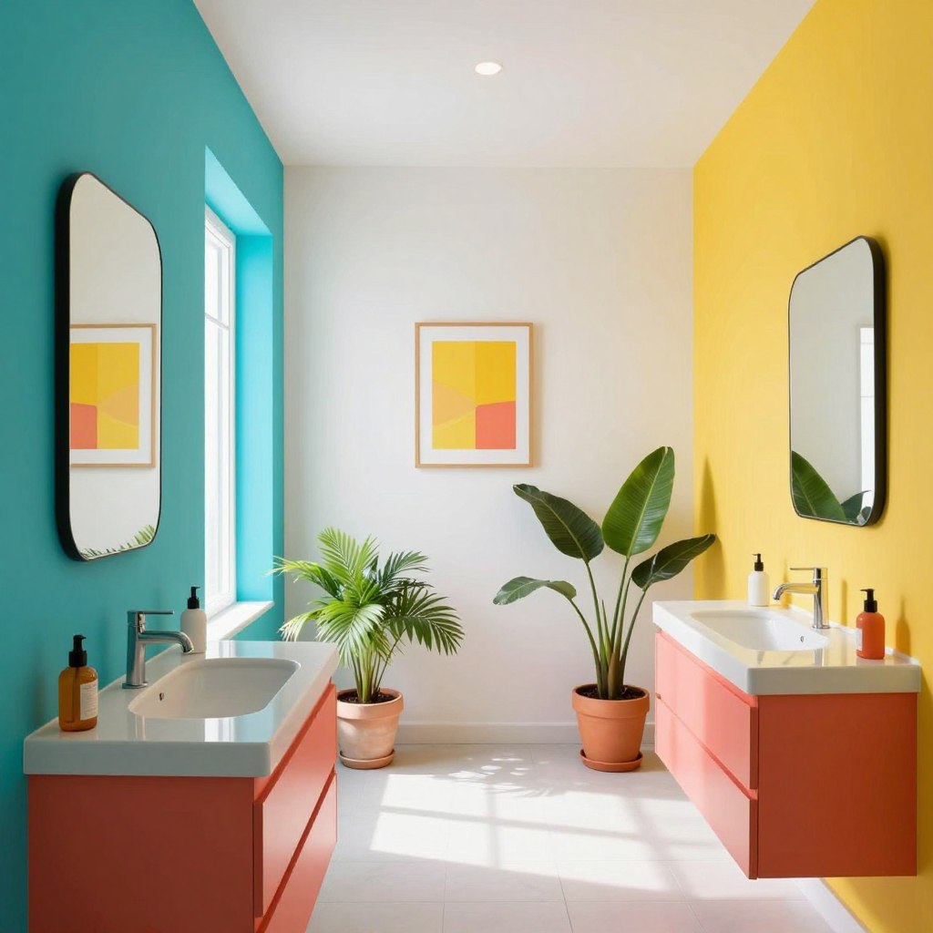 A stunningly designed bathroom with no windows, showcasing an array of bright paint colors such as vibrant turquoise, sunny yellow, and lively coral. The foreground features sleek modern fixtures, including a minimalist sink and a chic mirror reflecting the colorful walls. In the middle ground, a tasteful arrangement of potted plants adds a touch of nature, while decorative art pieces celebrate the theme of brightness. The background is painted in a dazzling white to amplify the colors, with subtle lighting fixtures illuminating the space for a warm, inviting atmosphere. A high-angle view captures the entirety of the room, emphasizing the transformation from drab to dazzling. The mood is uplifting and cheerful, illustrating how a windowless bathroom can become a vibrant oasis of color and creativity. A stunningly designed bathroom with no windows, showcasing an array of bright paint colors such as vibrant turquoise, sunny yellow, and lively coral. The foreground features sleek modern fixtures, including a minimalist sink and a chic mirror reflecting the colorful walls. In the middle ground, a tasteful arrangement of potted plants adds a touch of nature, while decorative art pieces celebrate the theme of brightness. The background is painted in a dazzling white to amplify the colors, with subtle lighting fixtures illuminating the space for a warm, inviting atmosphere. A high-angle view captures the entirety of the room, emphasizing the transformation from drab to dazzling. The mood is uplifting and cheerful, illustrating how a windowless bathroom can become a vibrant oasis of color and creativity.