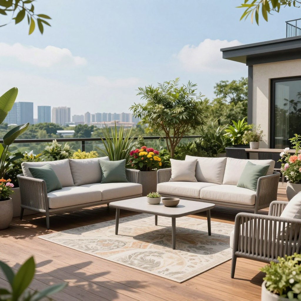 A stylish, all-weather terrace featuring a beautifully arranged outdoor seating area with weather-resistant furniture, including a sleek couch with plush cushions, elegant armchairs, and a chic coffee table, all carefully designed for durability. Bright, natural light filters through a clear sky, casting soft shadows on the wooden deck beneath. In the background, lush greenery and city skyline views create a vibrant atmosphere. Potted plants with colorful flowers add warmth, and a cozy outdoor rug ties the space together. The scene conveys relaxation and sophistication, inviting the viewer to imagine enjoying this serene terrace throughout the year. Capture this picturesque setup from an eye-level angle to highlight the inviting arrangement and its harmonious surroundings.
