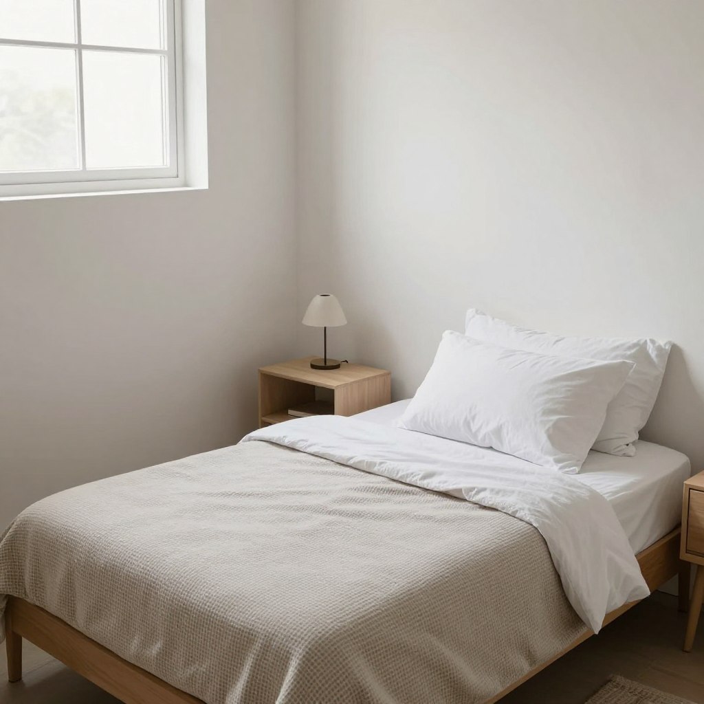 A stylish and compact bedroom featuring the ideal bed size for small room layouts. In the foreground, a neatly made twin or full-size bed with a tasteful bedspread and pillows, showcasing space-saving design elements. In the middle ground, minimalist furniture arrangements with a small nightstand and a lamp, emphasizing efficient use of space. The background showcases soft, light-colored walls and a small window allowing natural light to flood in, creating an airy atmosphere. Gentle shadows cast by the furniture add depth, while the overall mood feels calm and inviting. Capture this scene from a slightly elevated angle to highlight the layout and flow of the room, using soft, even lighting to enhance the friendly and cozy environment.
