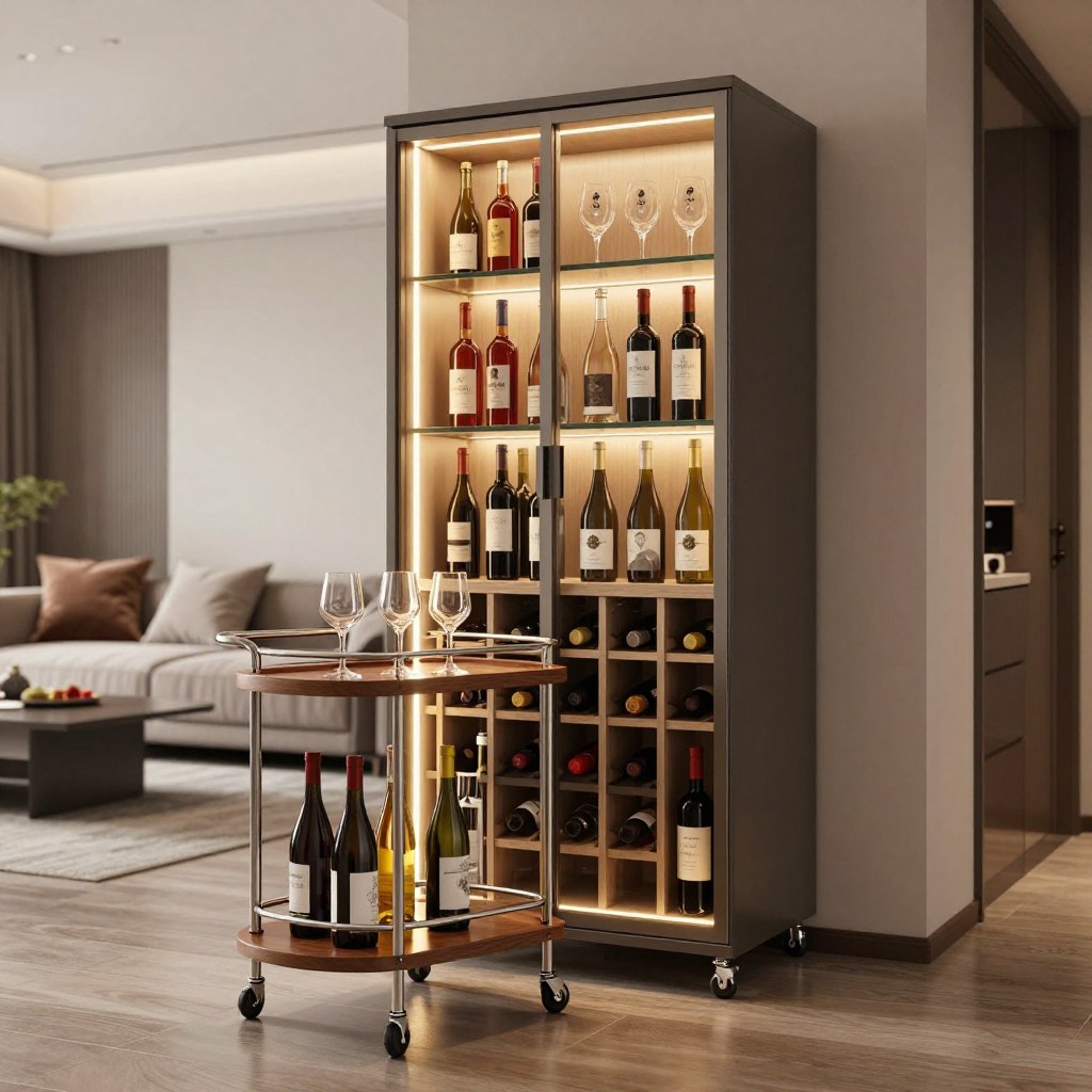 A stylish and compact wine cabinet integrated into a modern living room, featuring a sleek bar cart for easy mobility. In the foreground, a shining metal and wood bar cart holds an assortment of wine bottles and glassware, with vibrant wine labels visible. The middle ground showcases a well-organized mini wine cabinet built into a wall unit, illuminated by warm, soft LED lighting, highlighting the rich hues of the wine bottles and elegant glass shelving. The background includes a cozy seating area decorated with plush cushions and a minimalist coffee table, lending a welcoming atmosphere. The scene is shot from a low angle, emphasizing the stylish design and functionality of the wine cabinet. The overall mood is sophisticated yet inviting, perfect for entertaining guests.