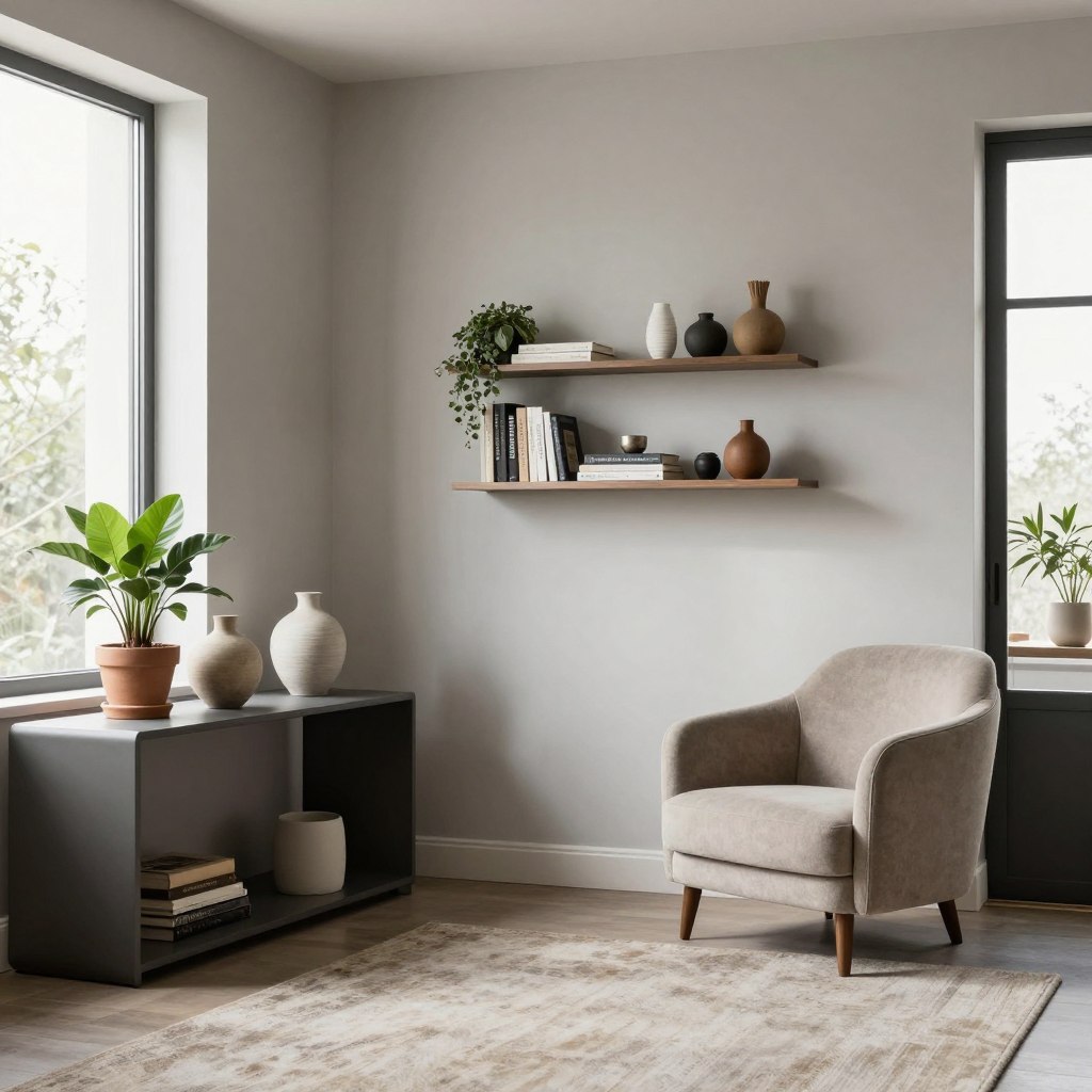 A stylish and functional empty corner in a modern living room designed for small spaces. In the foreground, a sleek, minimalist console table with potted plants and a decorative vase; a small, comfortable armchair in soft neutral fabric adds warmth. In the middle, an artistic wall-mounted shelf showcases books and decorative items, while a cozy area rug defines the space. In the background, large windows let in abundant natural light, creating a bright and airy atmosphere. The color palette features soft grays, earthy tones, and accents of greenery, enhancing the inviting mood. The scene is captured from a slightly elevated angle to give a comprehensive view of the corner design, emphasizing the blend of style and functionality.