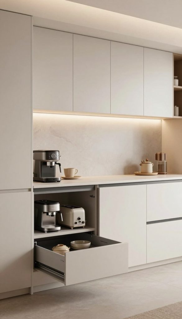 A stylish and modern hideaway kitchen featuring appliance garages designed for small countertop items. The foreground showcases sleek, open appliance garages revealing a coffee maker and toaster, arranged neatly. In the middle, an elegant countertop is clutter-free, complemented by minimalist cabinetry and soft-close doors that seamlessly blend into the kitchen decor. The background features a subtle backsplash with soft lighting highlighting the textures. The overall color palette is a mix of warm whites and earthy tones, creating a cozy yet sophisticated atmosphere. The lighting is bright but soft, mimicking natural daylight, capturing the essence of a well-designed space. Emphasize the clean lines and functionality of this innovative kitchen design concept.
