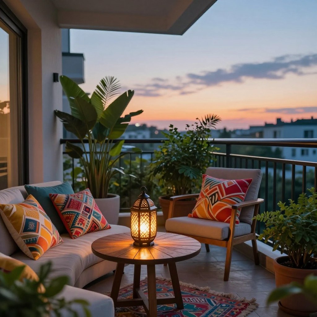 A stylish apartment balcony decorated for a cozy vibe. In the foreground, a small, round wooden table is adorned with a beautiful, intricately designed lantern casting a warm glow, surrounded by vibrant, colorful pillows in various patterns and textures scattered around a chic outdoor armchair. In the middle space, lush green plants in elegant pots frame the balcony, enhancing the inviting atmosphere. The background features a softly lit evening sky, with a hint of sunset blending warm oranges and cool blues. The scene is captured from a slightly elevated angle to showcase the comfortable setup, creating a harmonious blend of relaxation and style with soft, natural lighting that emphasizes the colors and warmth of the decor.