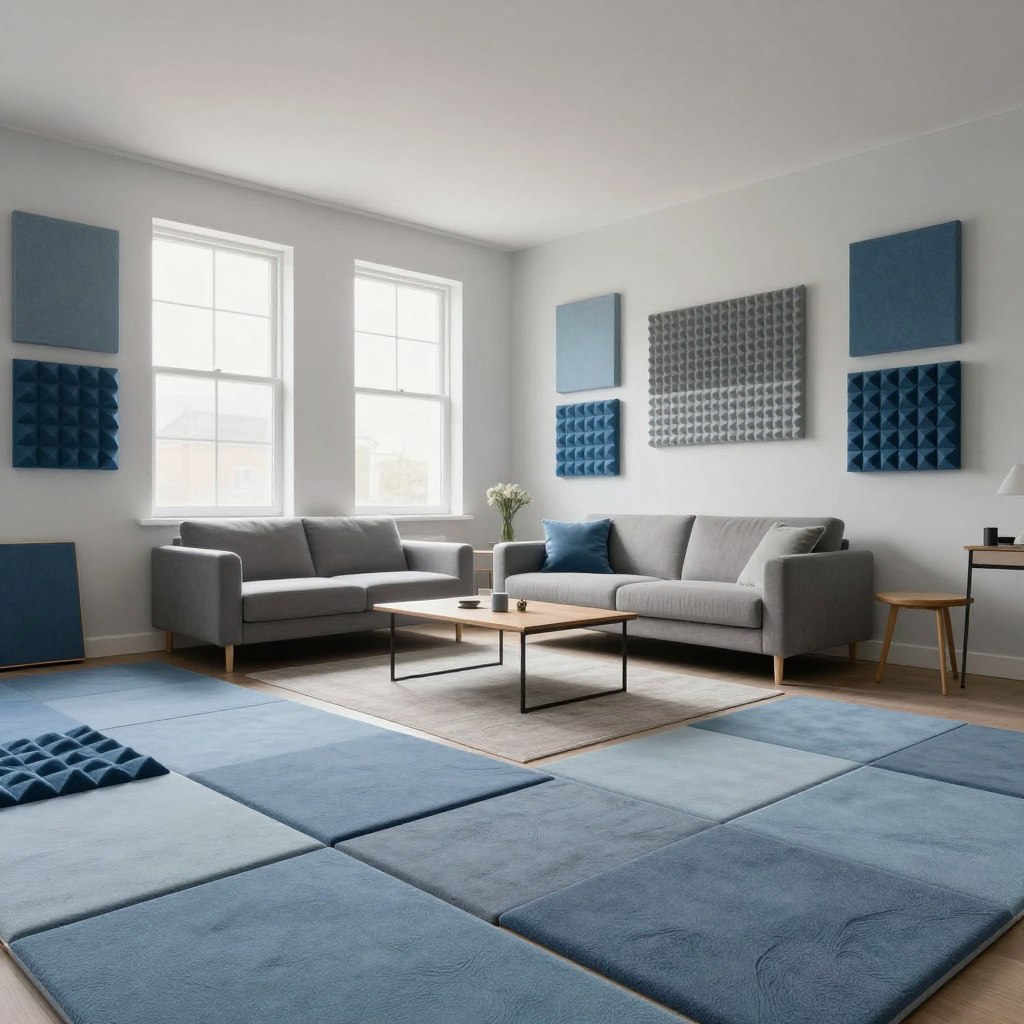 A stylish apartment living room featuring acoustic panels and sound-absorbing foam artfully arranged on the walls. The foreground highlights the textured surfaces of the panels, showcasing various colors like soft blues and grays. In the middle ground, a cozy, minimalist furniture setup includes a sleek sofa and a coffee table, providing warmth and inviting comfort. The background reveals large windows with soft, natural light streaming in, enhancing the serene atmosphere. The scene is captured with a wide-angle lens to emphasize depth. The overall mood is calm and tranquil, reflecting a modern yet functional space designed for soundproofing, without any people present. A stylish apartment living room featuring acoustic panels and sound-absorbing foam artfully arranged on the walls. The foreground highlights the textured surfaces of the panels, showcasing various colors like soft blues and grays. In the middle ground, a cozy, minimalist furniture setup includes a sleek sofa and a coffee table, providing warmth and inviting comfort. The background reveals large windows with soft, natural light streaming in, enhancing the serene atmosphere. The scene is captured with a wide-angle lens to emphasize depth. The overall mood is calm and tranquil, reflecting a modern yet functional space designed for soundproofing, without any people present.