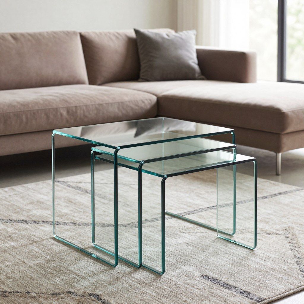 A stylish arrangement of modern glass nesting tables in a contemporary living room setting. The foreground features three elegantly designed tempered glass tables, varying in size, seamlessly stacked together. Each table showcases a sleek, minimalistic frame with clean lines and reflective surfaces that catch the light beautifully. In the middle, a plush area rug with subtle geometric patterns complements the sleekness of the tables, while a stylish modular sofa in muted tones adds warmth to the scene. The background includes a large window allowing natural light to stream in, casting soft shadows that enhance the airy atmosphere. The overall mood is serene and inviting, highlighting the versatility of glass nesting tables as space-saving solutions in modern interiors. A stylish arrangement of modern glass nesting tables in a contemporary living room setting. The foreground features three elegantly designed tempered glass tables, varying in size, seamlessly stacked together. Each table showcases a sleek, minimalistic frame with clean lines and reflective surfaces that catch the light beautifully. In the middle, a plush area rug with subtle geometric patterns complements the sleekness of the tables, while a stylish modular sofa in muted tones adds warmth to the scene. The background includes a large window allowing natural light to stream in, casting soft shadows that enhance the airy atmosphere. The overall mood is serene and inviting, highlighting the versatility of glass nesting tables as space-saving solutions in modern interiors.