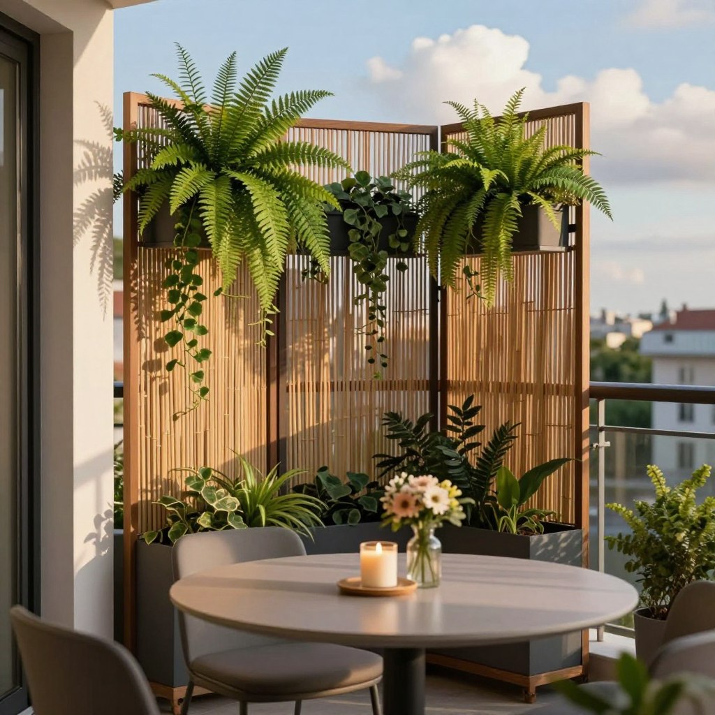 A stylish balcony scene featuring a modern privacy screen adorned with vibrant green plants like ferns and ivy cascading down. In the foreground, a sleek, minimalist table is set with chic decor items like a candle and a small vase of fresh flowers. The middle layer showcases the privacy screen, made of decorative wood or bamboo, providing a sense of seclusion while still allowing dappled sunlight to filter through. In the background, a soft cityscape can be seen, with hints of blue sky and fluffy clouds, creating a serene atmosphere. The lighting is warm and inviting, suggesting a late afternoon glow. The overall mood is cozy and stylish, perfect for relaxing or entertaining on a chic apartment balcony.