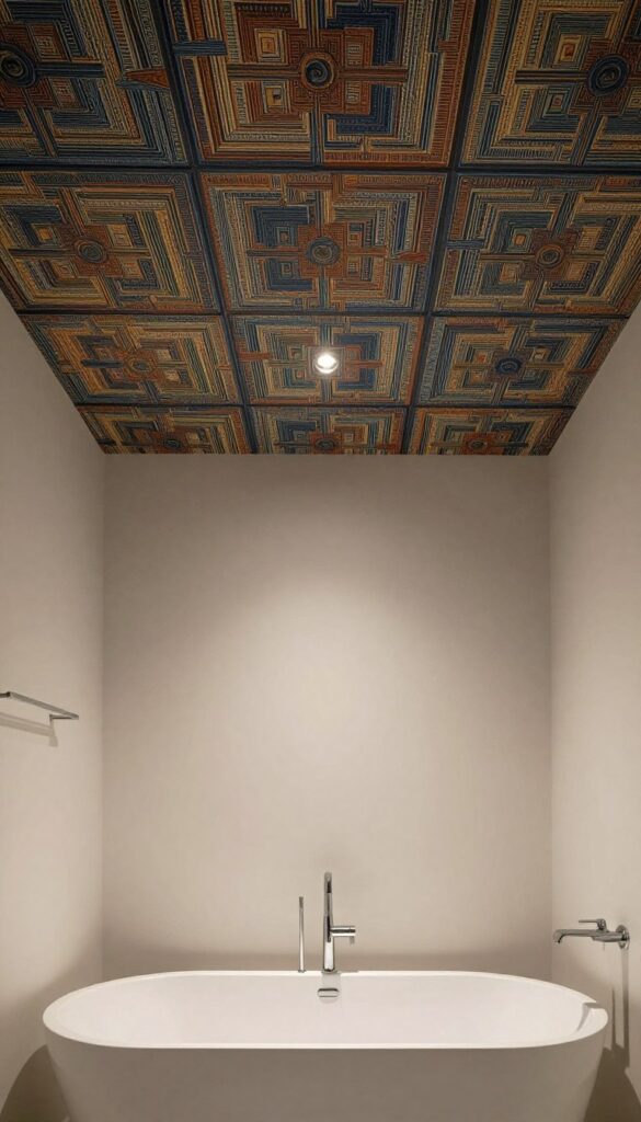 A stylish bathroom ceiling featuring textured wallpaper that adds unexpected drama. The foreground showcases a sleek, modern bathtub with minimalist design elements, and elegant fixtures in polished chrome. The middle layer highlights the ceiling adorned with intricate, layered wallpaper patterns—think bold geometric shapes in rich, deep hues, contrasting beautifully with lighter wall colors. The background includes soft, ambient lighting from recessed fixtures, casting a gentle glow that enhances the textured wallpaper detail. The overall atmosphere is sophisticated and tranquil, with a hint of luxury, inviting a sense of relaxation and elegance that's perfect for a contemporary bathroom. Use a wide-angle lens to capture the entire ceiling design and inviting space. A stylish bathroom ceiling featuring textured wallpaper that adds unexpected drama. The foreground showcases a sleek, modern bathtub with minimalist design elements, and elegant fixtures in polished chrome. The middle layer highlights the ceiling adorned with intricate, layered wallpaper patterns—think bold geometric shapes in rich, deep hues, contrasting beautifully with lighter wall colors. The background includes soft, ambient lighting from recessed fixtures, casting a gentle glow that enhances the textured wallpaper detail. The overall atmosphere is sophisticated and tranquil, with a hint of luxury, inviting a sense of relaxation and elegance that's perfect for a contemporary bathroom. Use a wide-angle lens to capture the entire ceiling design and inviting space.