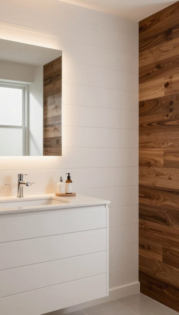 A stylish bathroom featuring an elegant accent wall made of shiplap and waterproof wood panels. In the foreground, the shiplap has a smooth finish with a soft, off-white color, creating a fresh and clean look. The waterproof wood accents are a rich, warm brown, contrasting beautifully with the light-colored shiplap. In the middle ground, a sleek vanity with modern fixtures reflects the contemporary style of the space, accented by soft, ambient lighting that casts a warm glow. In the background, soft natural light filters through a frosted window, enhancing the serene atmosphere. The overall mood is inviting and tranquil, perfect for a luxurious bathroom retreat. The room is devoid of any human presence, focusing solely on the beautiful wall details and decor elements.