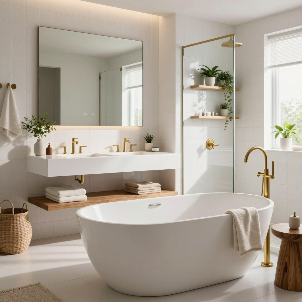 A stylish bathroom interior featuring a clean and modern design with a focus on white tiles and fixtures. In the foreground, a sleek, white freestanding bathtub is accentuated by elegant brass fixtures, surrounded by tasteful decorative materials like polished wood and soft, textured textiles. The middle ground showcases a chic floating vanity with a large, frameless mirror reflecting natural light, creating an airy atmosphere. The background includes a tiled shower area with glass doors, adorned with minimalist shelving displaying fresh green plants for a touch of vitality. The scene is illuminated with soft, diffused lighting that enhances the warm tones of the materials while casting subtle shadows. The overall mood is serene and inviting, making the bathroom feel like a tranquil retreat. A stylish bathroom interior featuring a clean and modern design with a focus on white tiles and fixtures. In the foreground, a sleek, white freestanding bathtub is accentuated by elegant brass fixtures, surrounded by tasteful decorative materials like polished wood and soft, textured textiles. The middle ground showcases a chic floating vanity with a large, frameless mirror reflecting natural light, creating an airy atmosphere. The background includes a tiled shower area with glass doors, adorned with minimalist shelving displaying fresh green plants for a touch of vitality. The scene is illuminated with soft, diffused lighting that enhances the warm tones of the materials while casting subtle shadows. The overall mood is serene and inviting, making the bathroom feel like a tranquil retreat.
