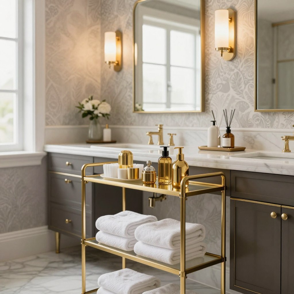 A stylish bathroom scene featuring elegant storage solutions with luxury finishes and metal accents. In the foreground, a sleek brass shelving unit holds neatly organized towels and decorative items, infused with gold and brass elements. The middle ground showcases a modern vanity with a polished marble countertop, framed by chic mirrors reflecting soft, ambient lighting that enhances the opulent atmosphere. In the background, luxurious wallpaper with understated patterns adds texture, while a window filters in natural light, creating a serene vibe. The overall mood is sophisticated and inviting, emphasizing the royal flair these storage solutions bring to the bathroom environment.