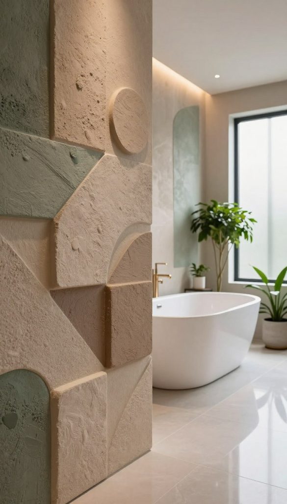 A stylish bathroom showcasing a textured accent wall, emphasizing vibrant, 3D surface treatments. The foreground features an artistic, textured wall design with raised geometric shapes in soft earth tones, such as taupe, beige, and muted green. In the middle, a sleek freestanding bathtub rests against the accent wall, surrounded by elegant fixtures and lush greenery in minimalist planters. The background presents a well-lit space with natural light streaming through frosted glass windows, creating a serene and inviting atmosphere. Warm ambient lighting highlights the textures of the wall and reflects off polished surfaces. Capture the scene from a slightly elevated angle, focusing on the interplay of textures and colors, evoking a modern yet comfortsome vibe.