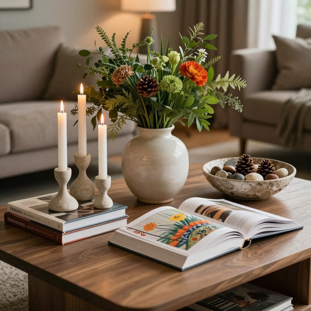 A stylish coffee table arrangement featuring an elegant centerpiece that showcases varying heights and dimensions. In the foreground, a chic, modern ceramic vase filled with lush greenery and a few vibrant flowers. The middle layer includes a stacked arrangement of designer coffee table books, with one slightly open to display its colorful pages. Adding depth, a sculptural candle holder with three candles of different heights flanks the vase on one side, while a textured decorative bowl sits on the other, filled with natural elements like stones and pinecones. The background features a softly blurred living room setting with warm ambient lighting, emphasizing a cozy and inviting atmosphere. Capture this scene from a slightly elevated angle to enhance the three-dimensional feel.