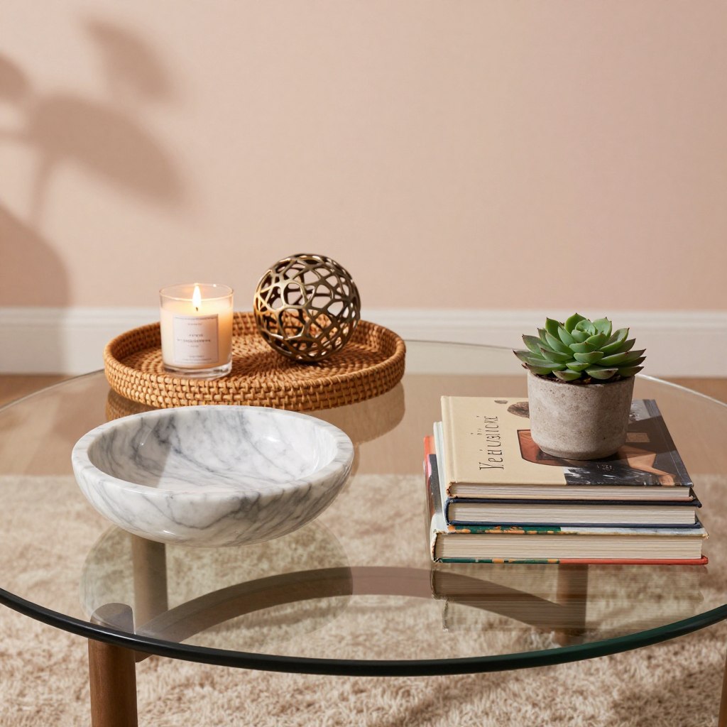A stylish coffee table arrangement showcasing the rule of three, featuring three distinct yet complementary groups. In the foreground, an elegant glass coffee table centerpiece with a sleek marble bowl, a cluster of decorative books stacked neatly, and a small potted succulent. The middle layer includes a textured, woven tray that holds a scented candle and a stylish decorative sphere. The background is adorned with a softly blurred, pastel-colored wall, enhancing the serene mood. The lighting is warm and inviting, casting gentle shadows, and creating an atmosphere of luxury and calm. Capture the scene from a slightly elevated angle to emphasize the strategic grouping, ensuring every element harmonizes beautifully.
